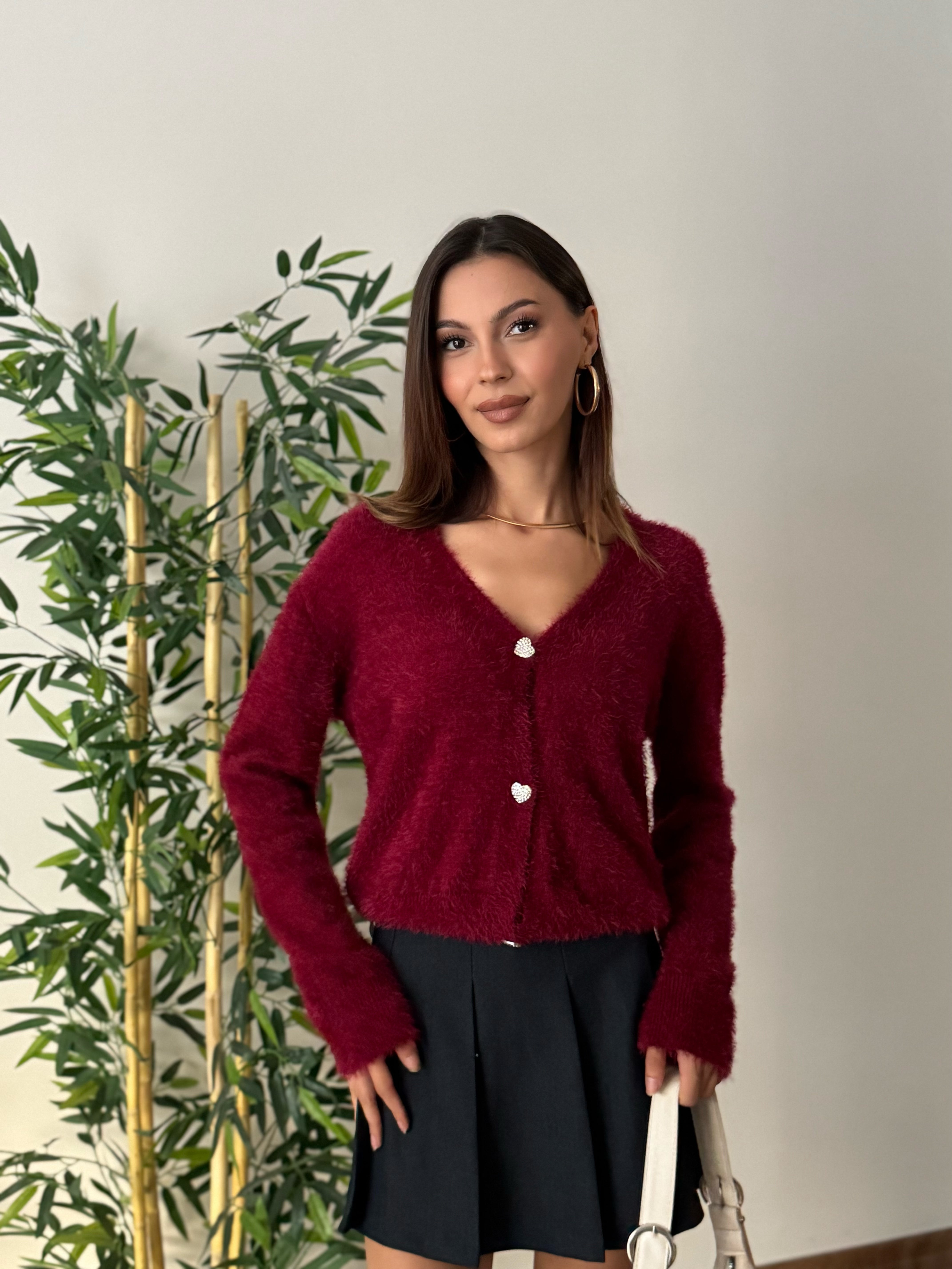 Taşlı Kalp Detay Düğmeli Bordo Hırka