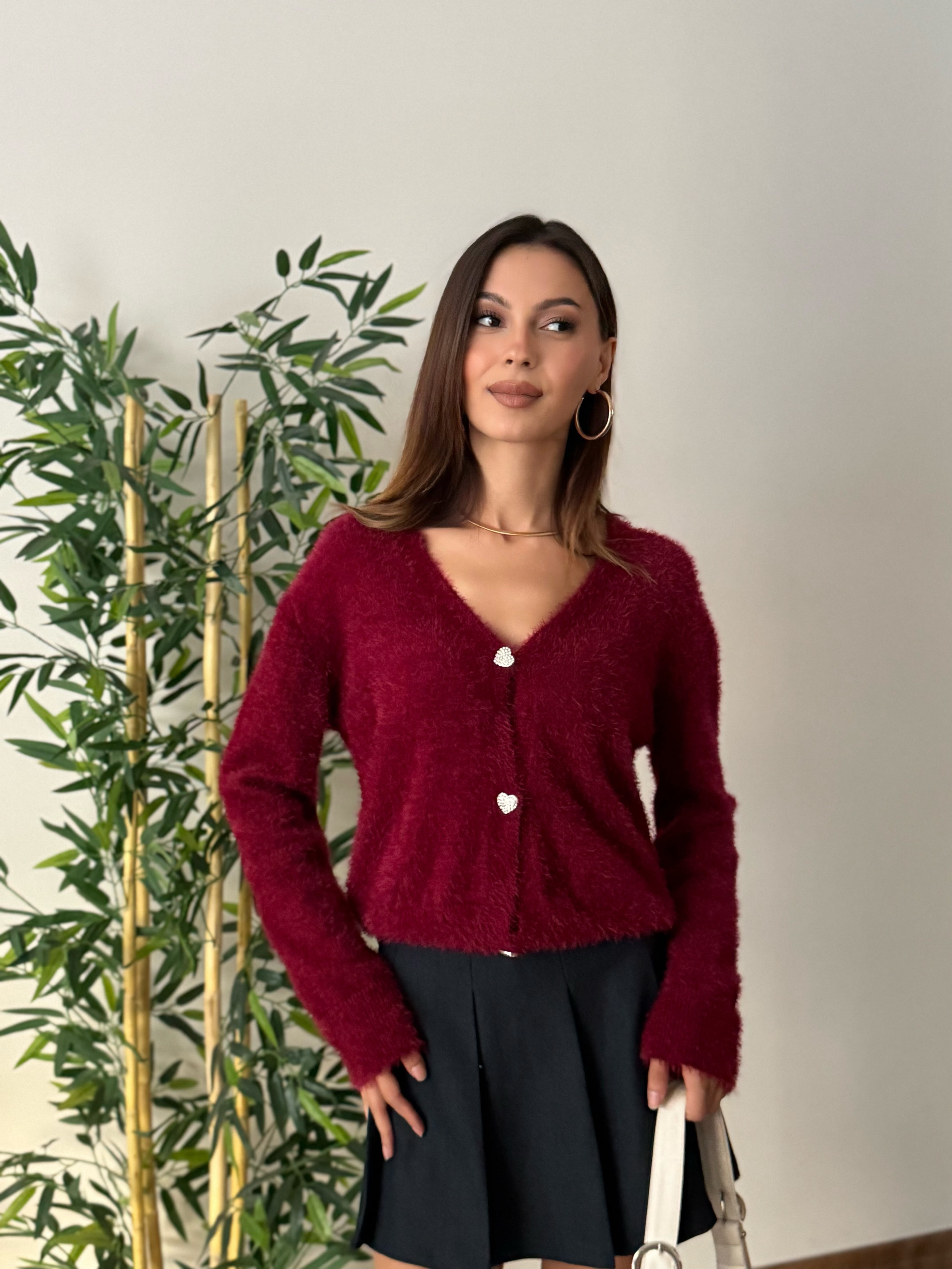 Taşlı Kalp Detay Düğmeli Bordo Hırka