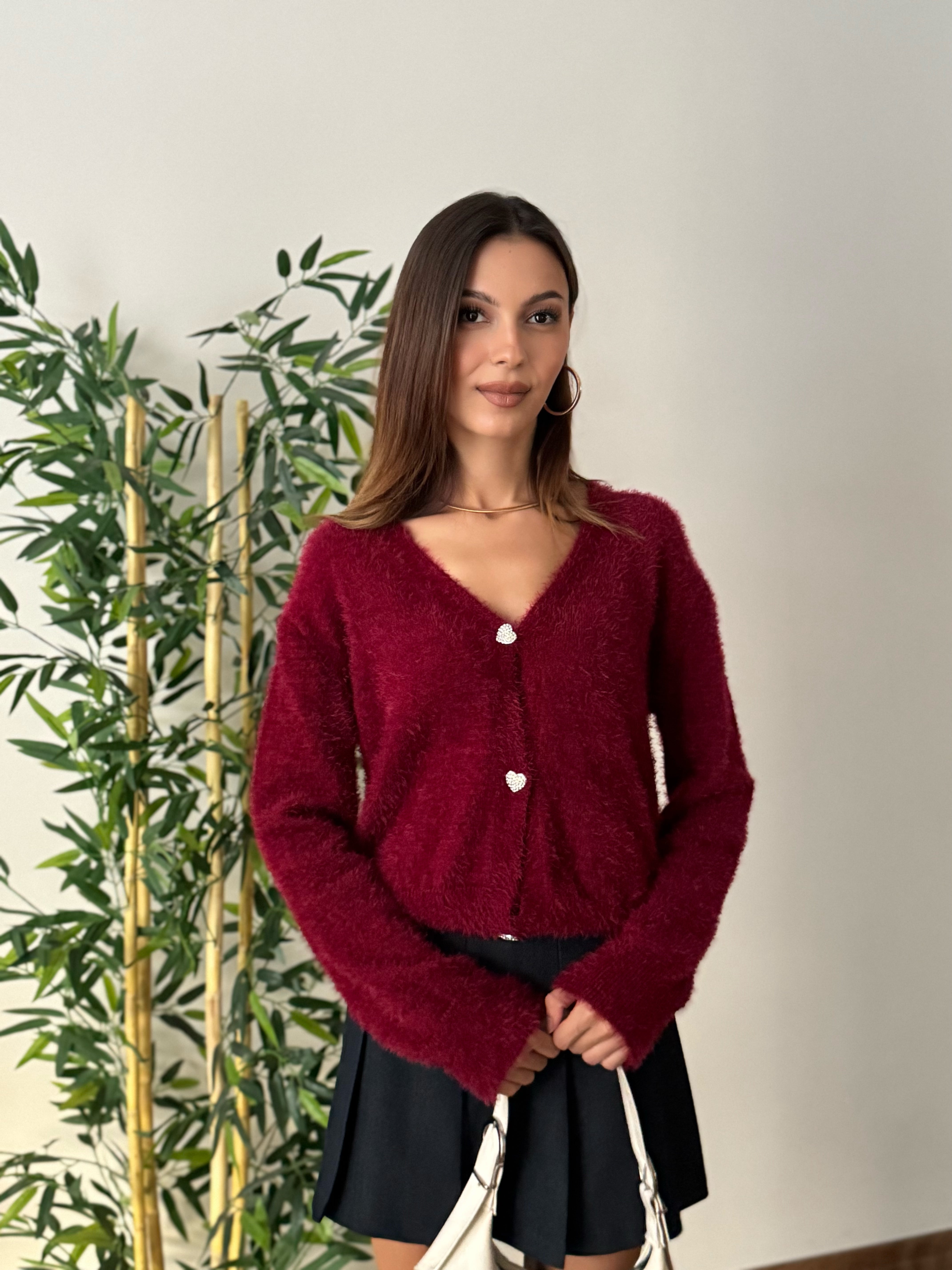 Taşlı Kalp Detay Düğmeli Bordo Hırka