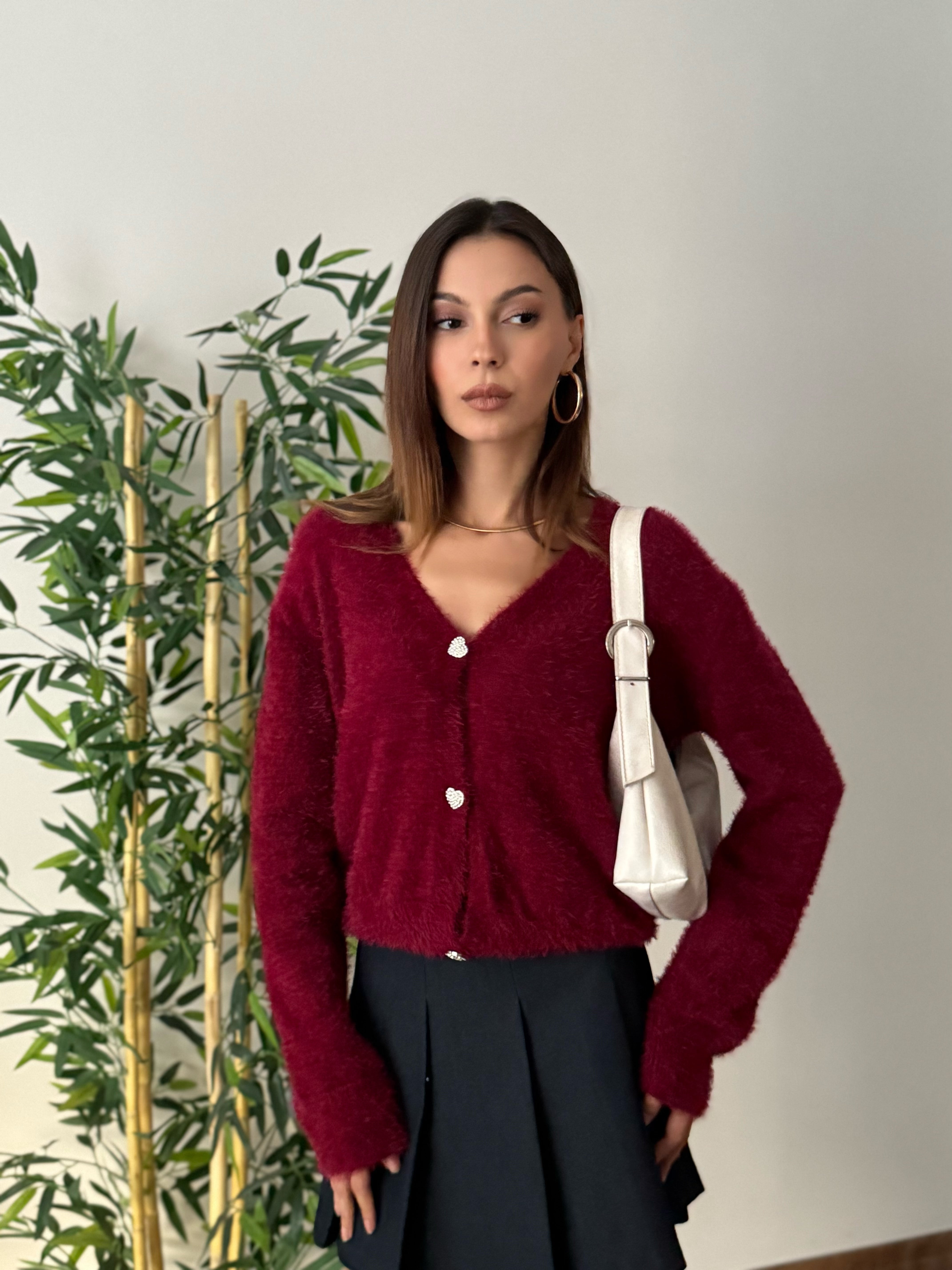 Taşlı Kalp Detay Düğmeli Bordo Hırka