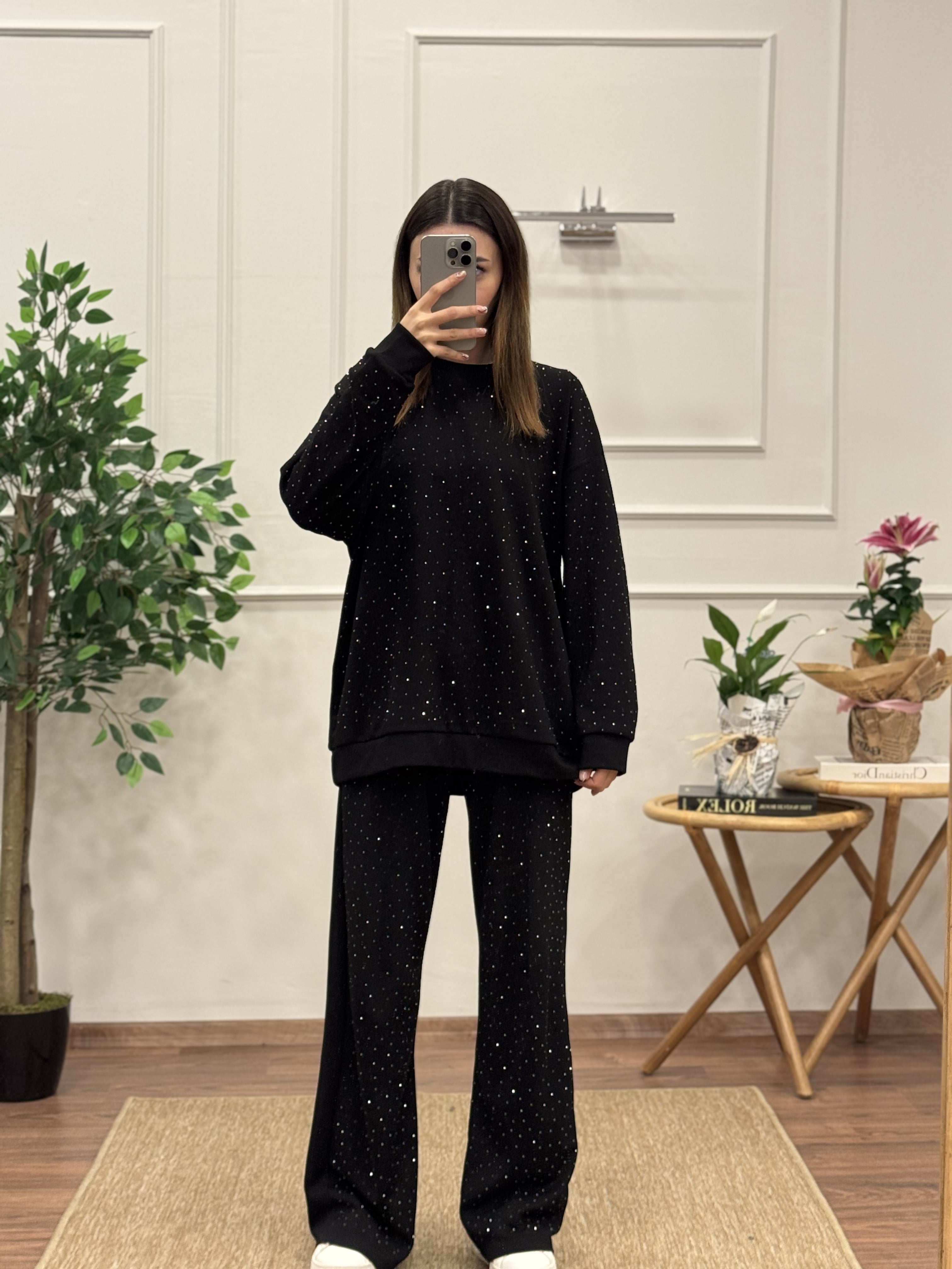 Oys Kumaş Taşlı Siyah Bluz Pantolon Takım