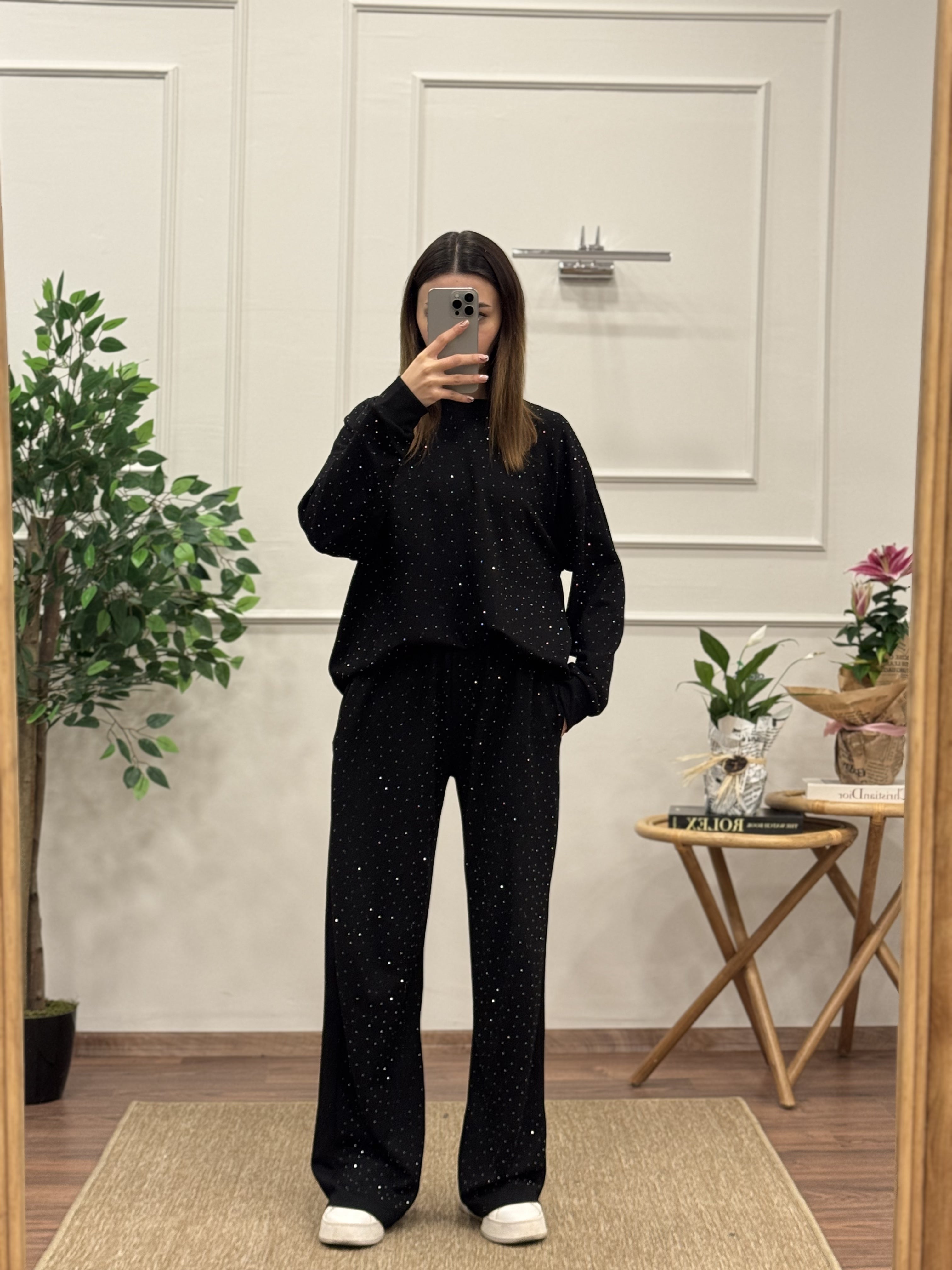 Oys Kumaş Taşlı Siyah Bluz Pantolon Takım