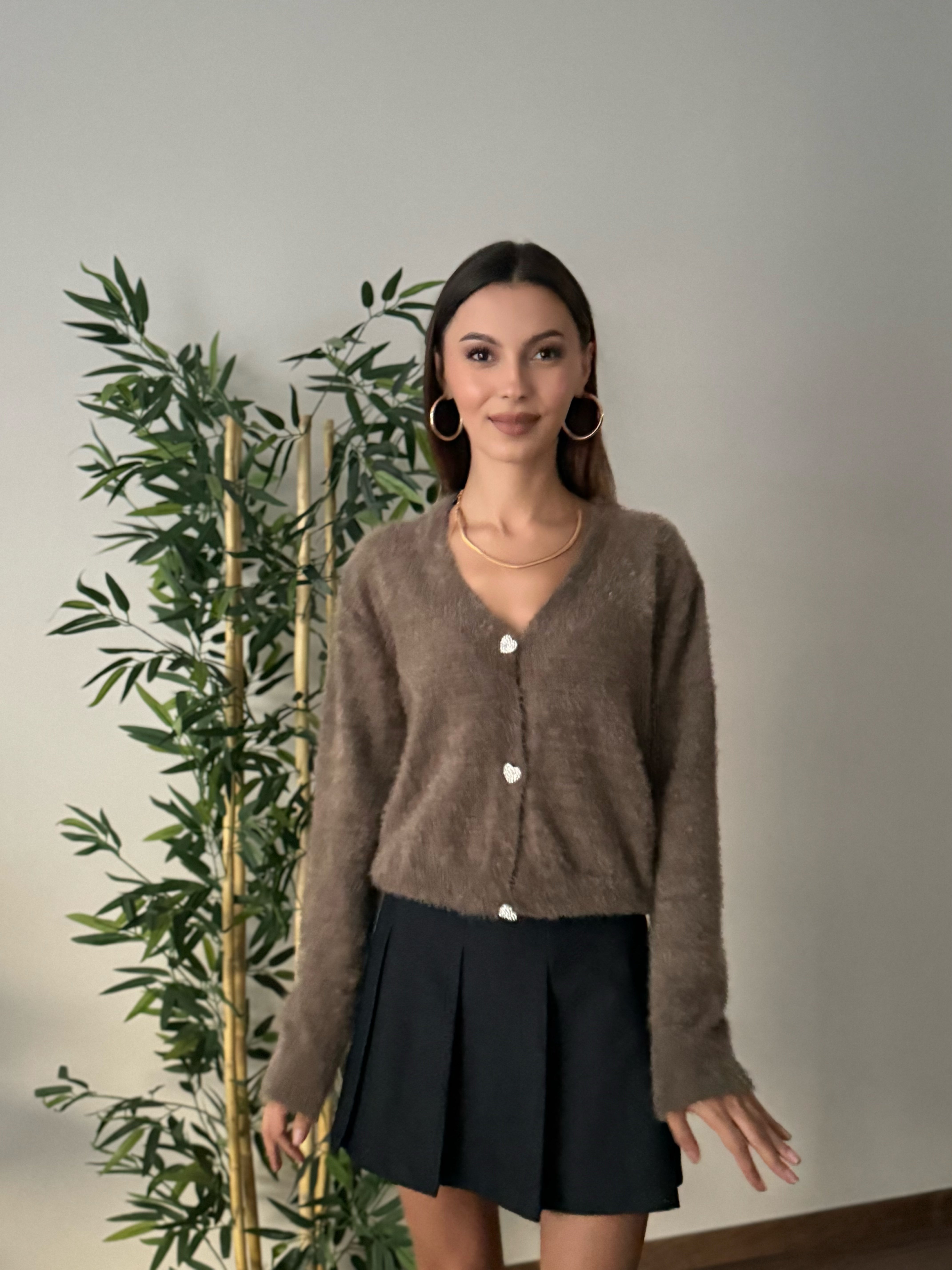 Taşlı Kalp Detay Düğmeli Kahve Hırka