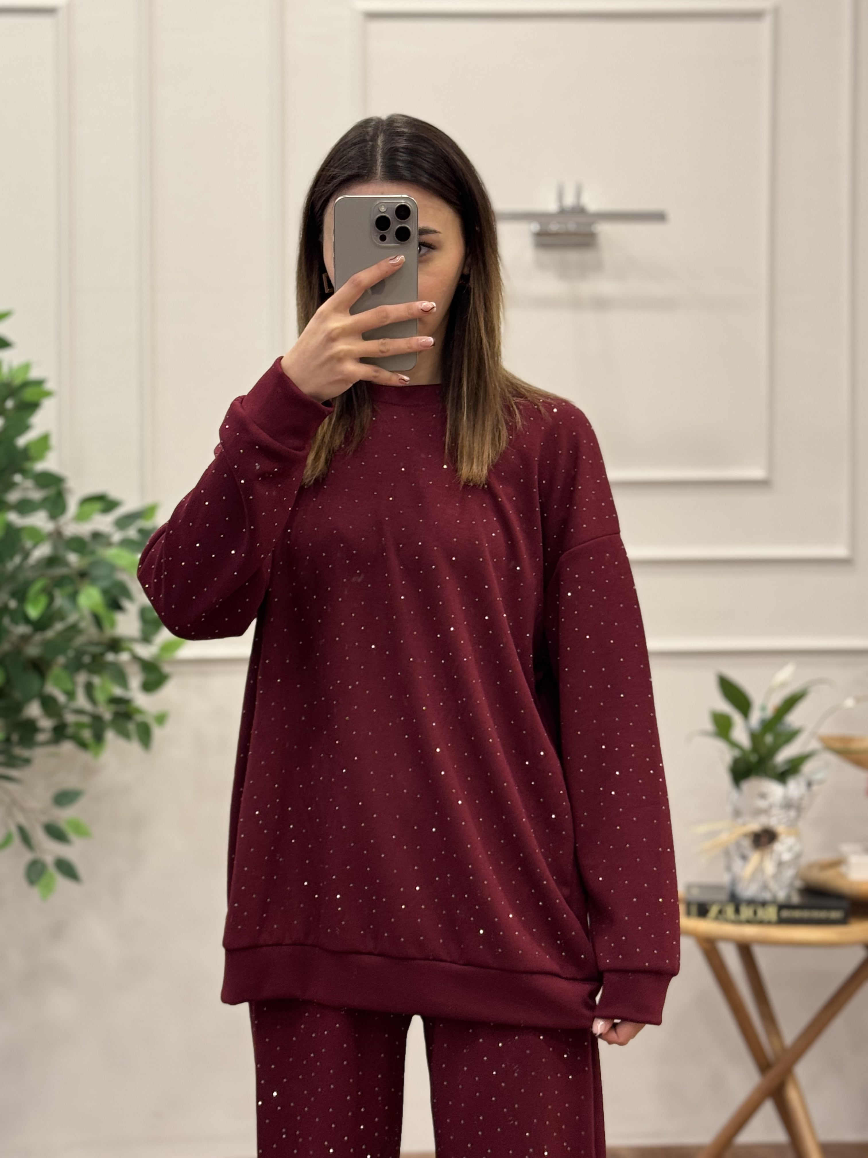 Oys Kumaş Taşlı Bordo Bluz Pantolon Takım