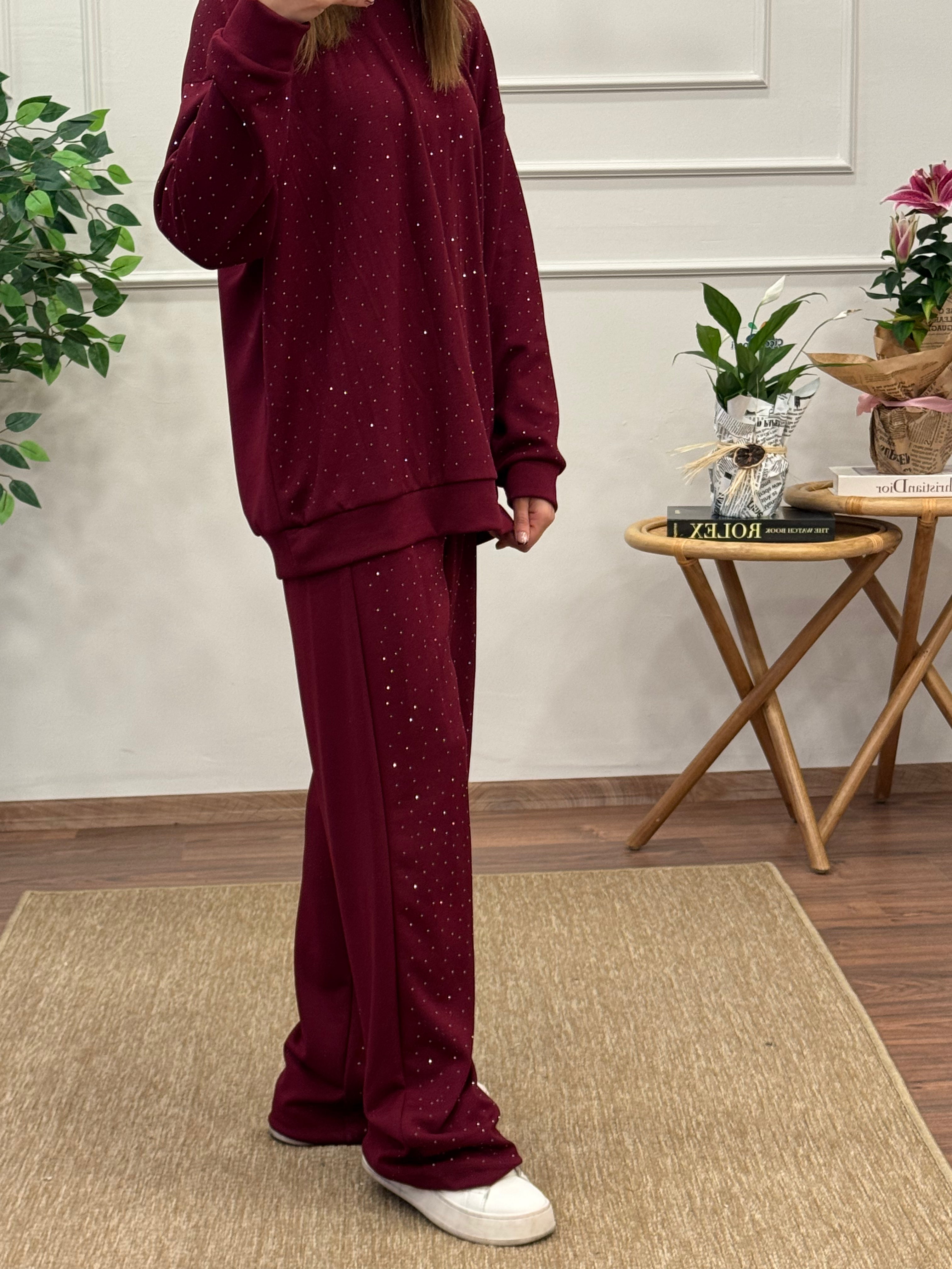 Oys Kumaş Taşlı Bordo Bluz Pantolon Takım