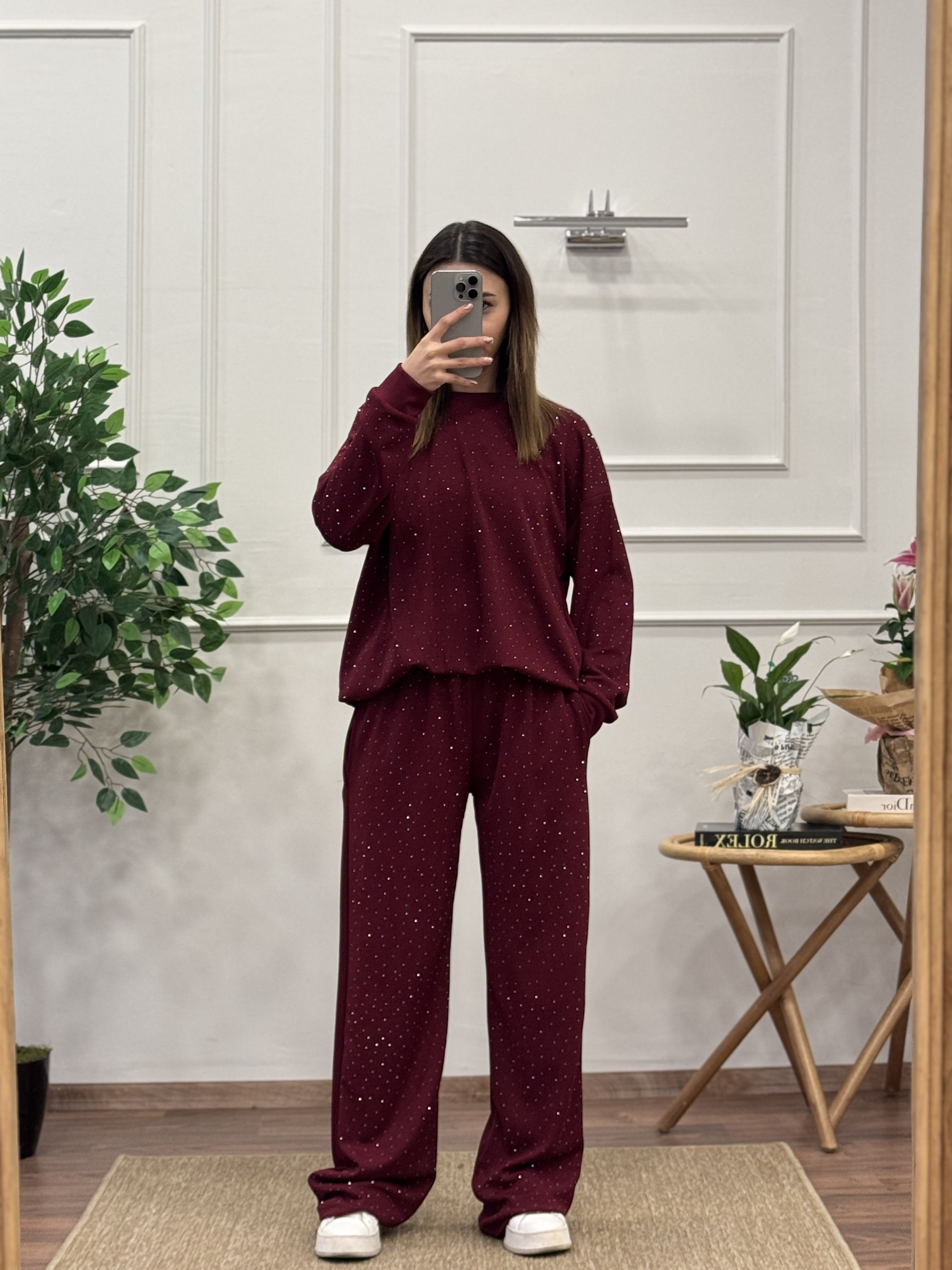 Oys Kumaş Taşlı Bordo Bluz Pantolon Takım