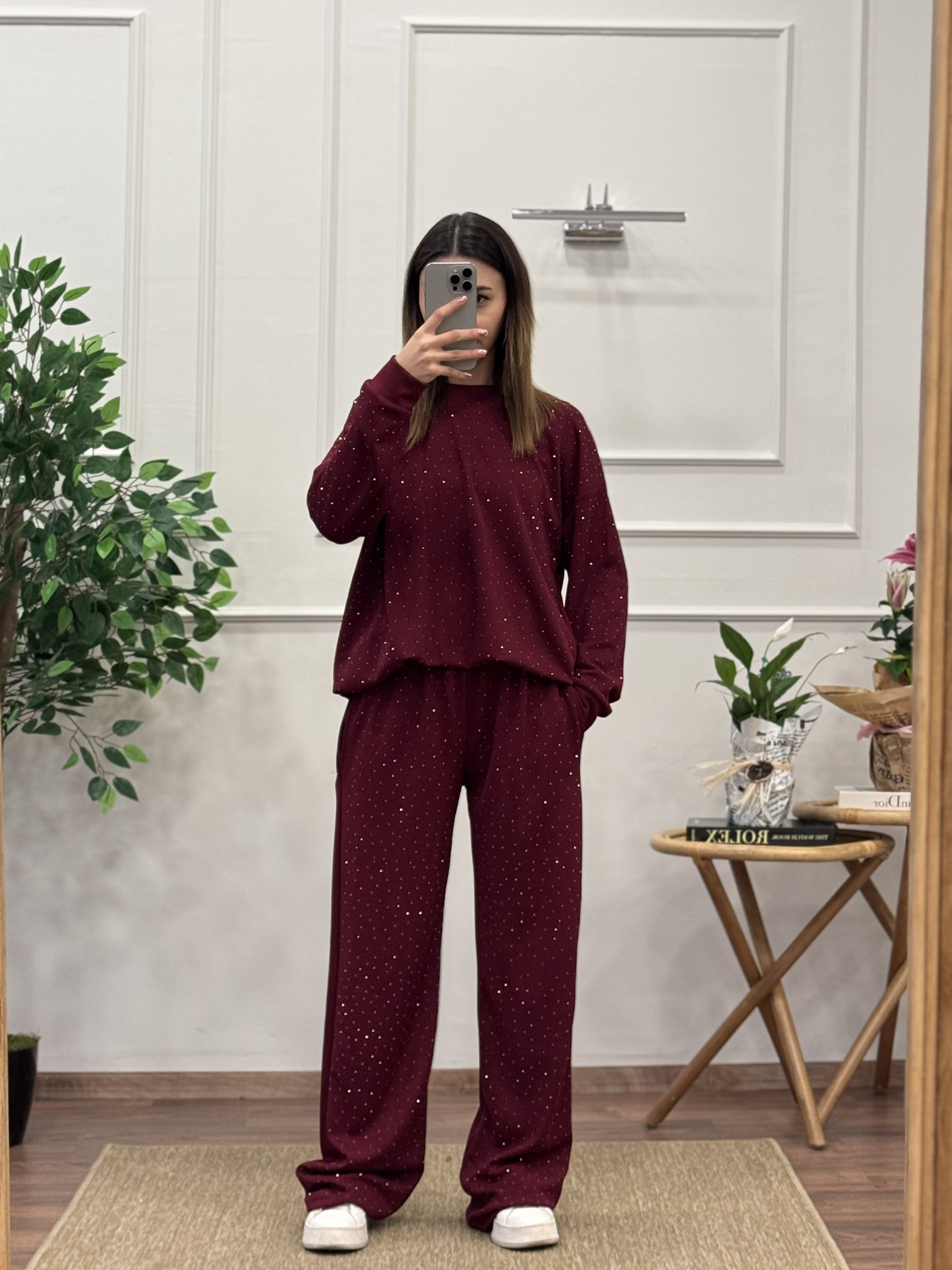 Oys Kumaş Taşlı Bordo Bluz Pantolon Takım