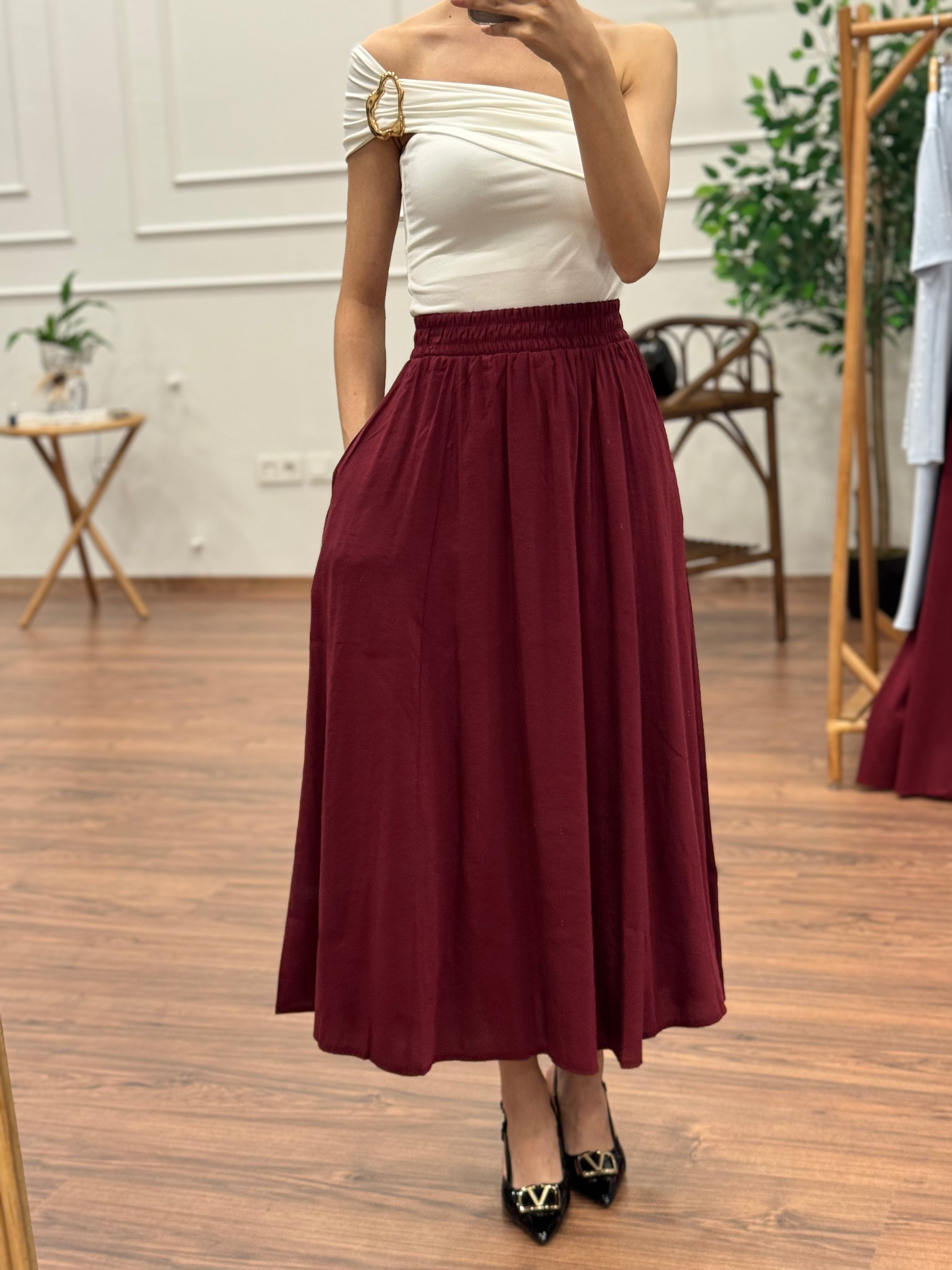 Tensel Kumaş Bordo Etek