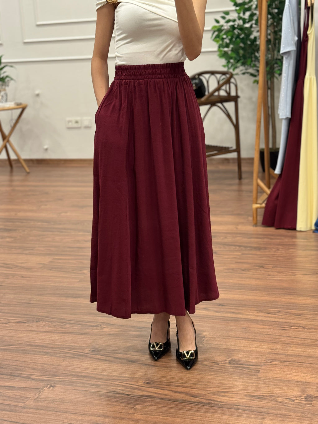 Tensel Kumaş Bordo Etek