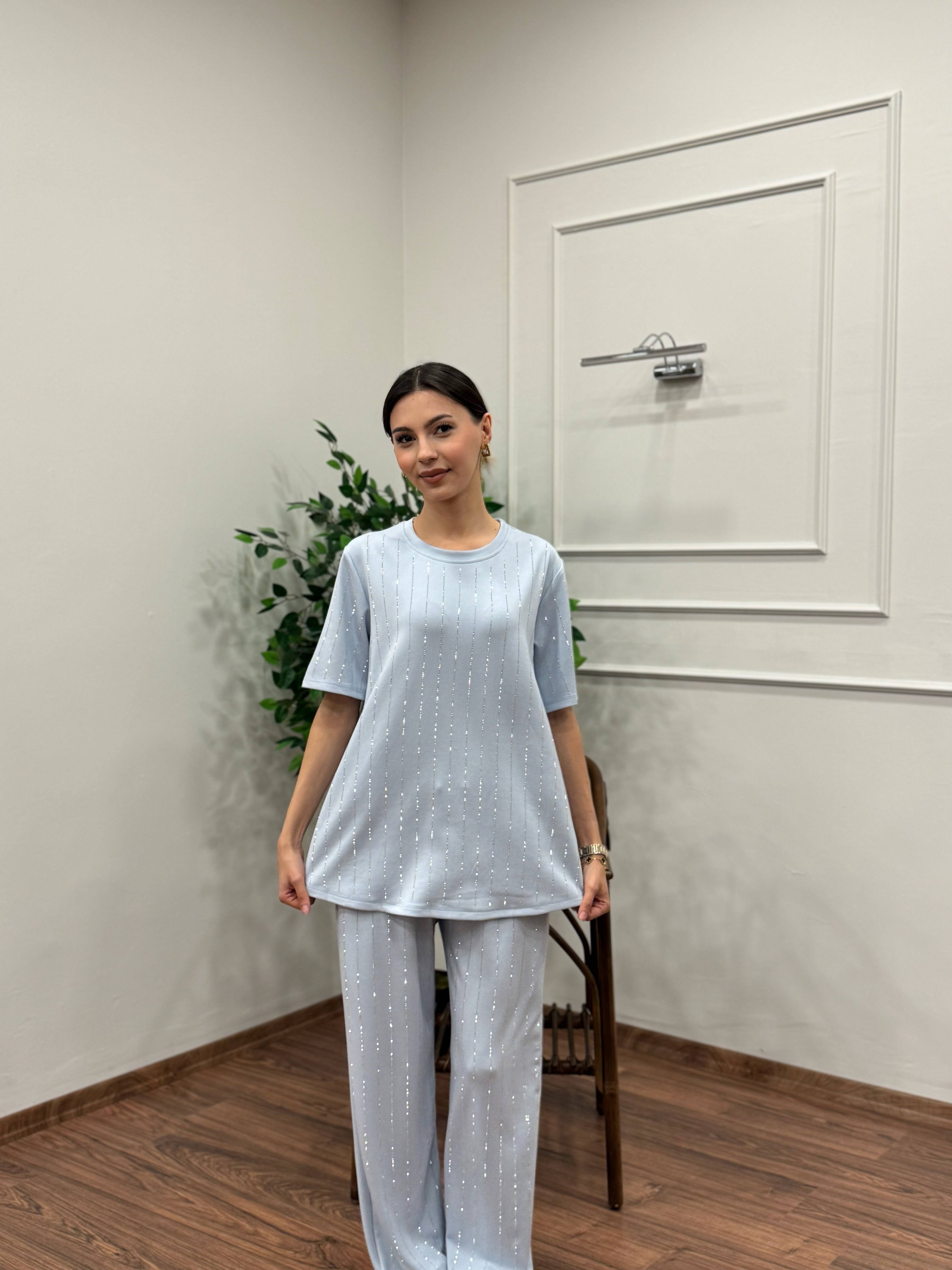 Oys Çizgi Desen Taş Baskı Bebe Mavisi Bluz Pantolon Takım