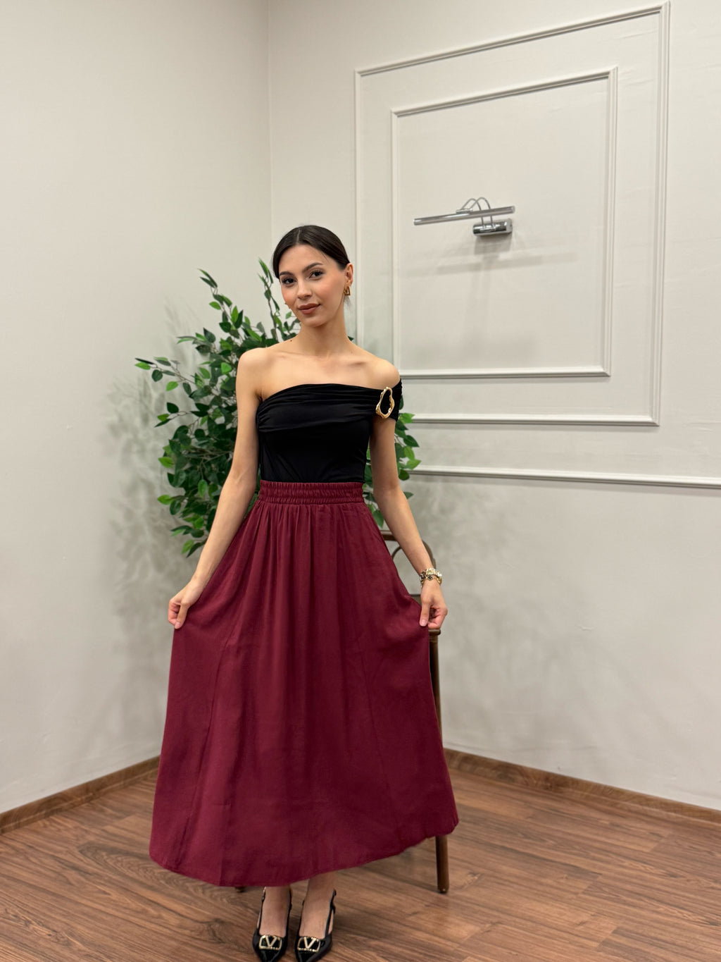 Tensel Kumaş Bordo Etek