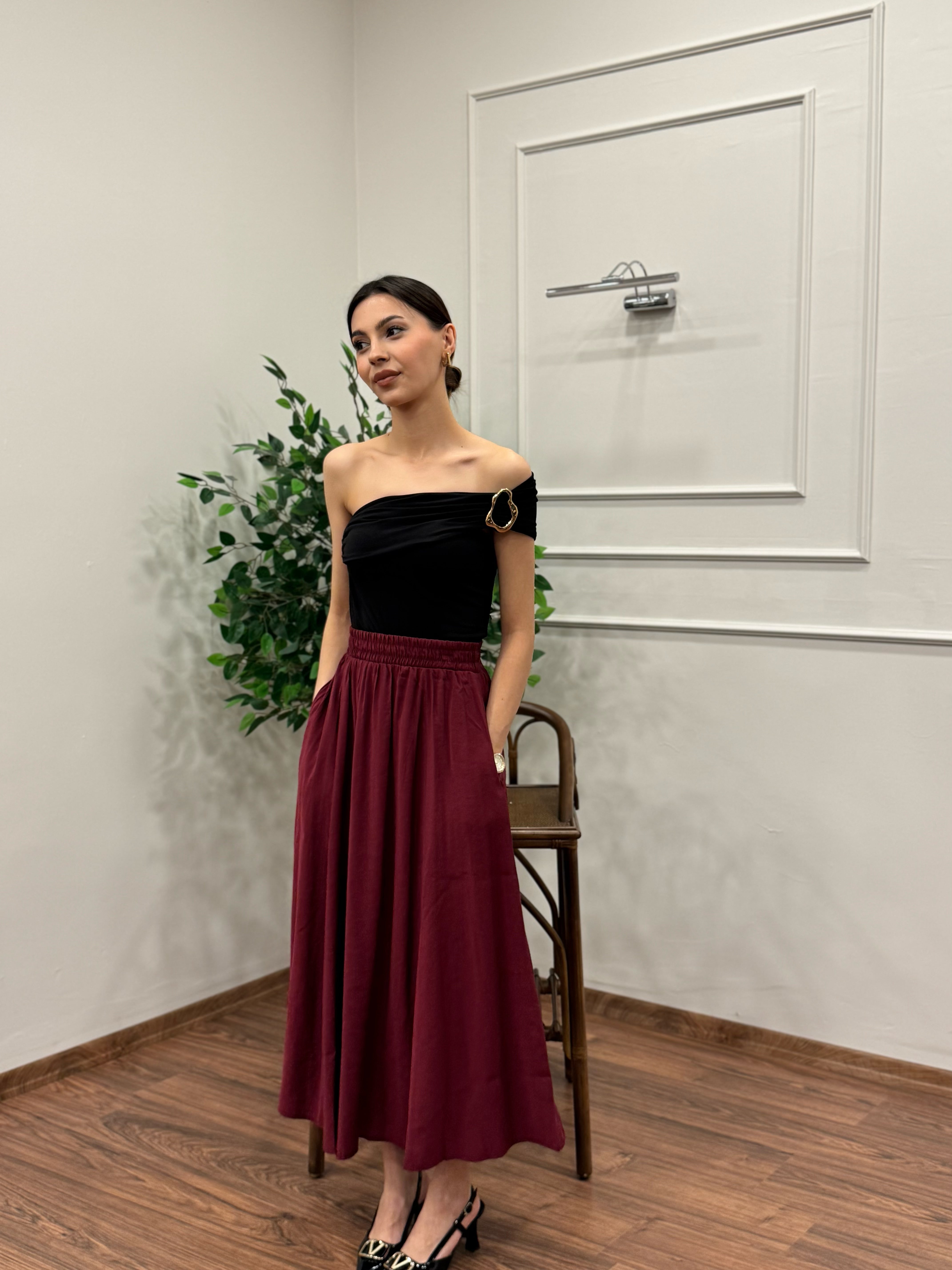 Tensel Kumaş Bordo Etek