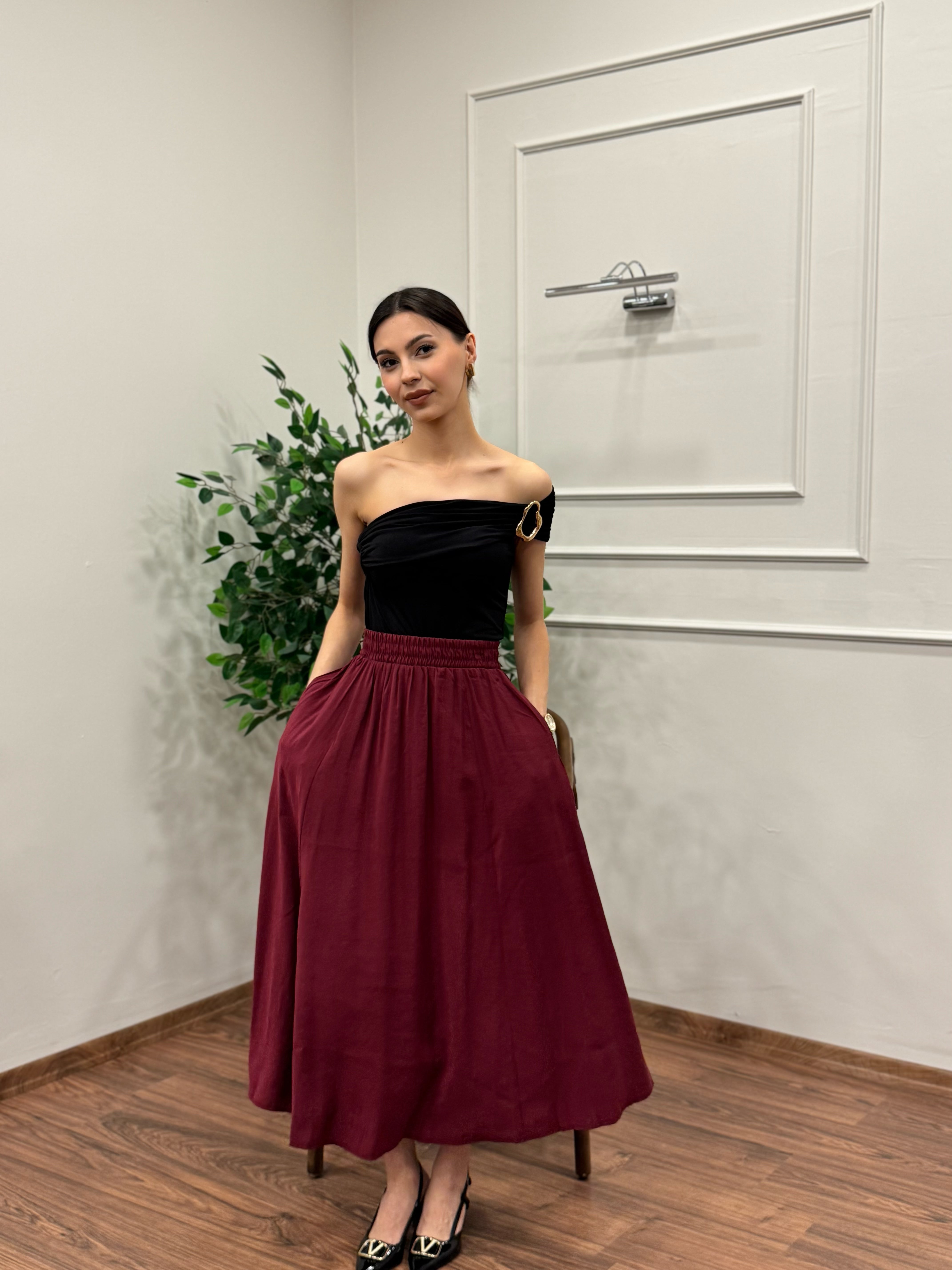 Tensel Kumaş Bordo Etek