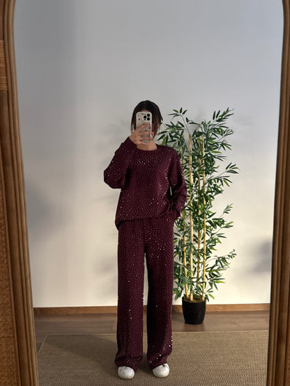 Serpme Taş Baskı Modal Kumaş Bordo Takım