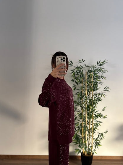 Serpme Taş Baskı Modal Kumaş Bordo Takım