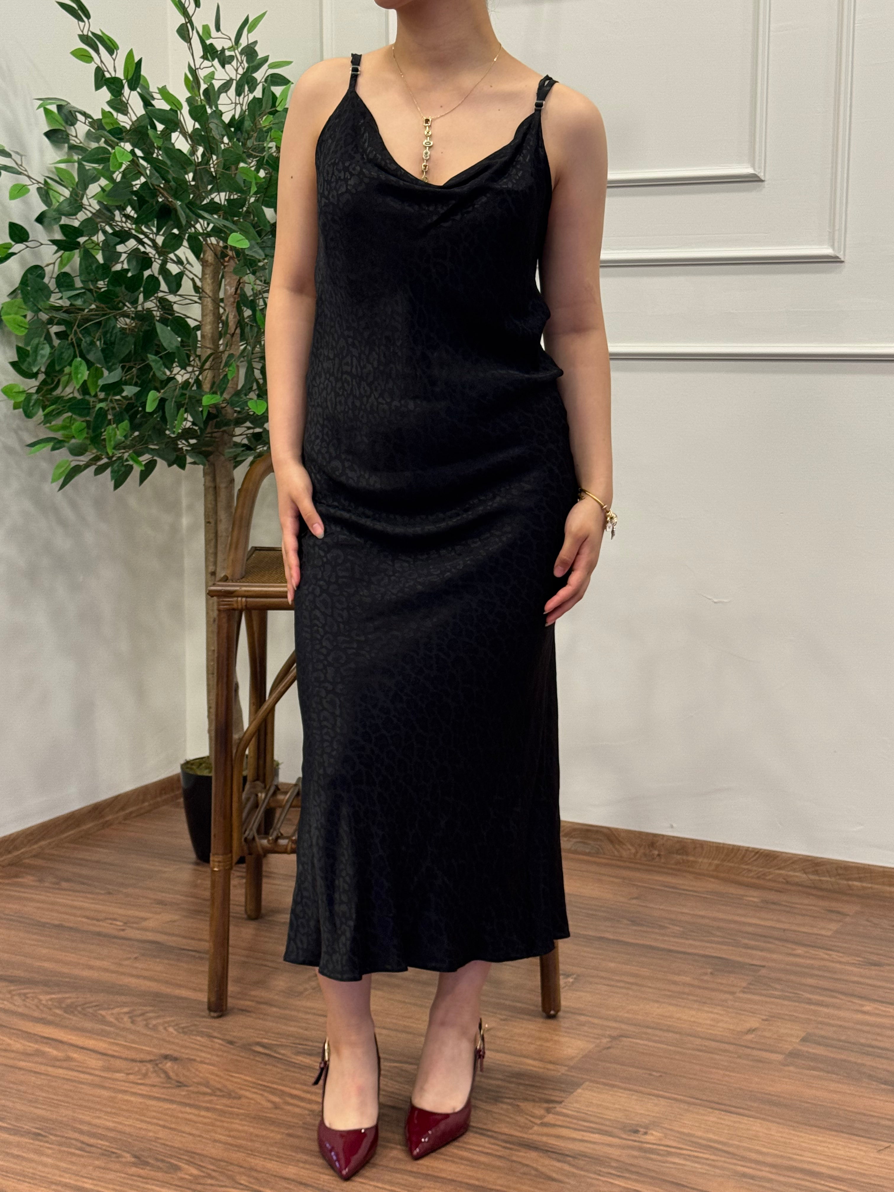 Saten Leopar Desen Siyah Elbise