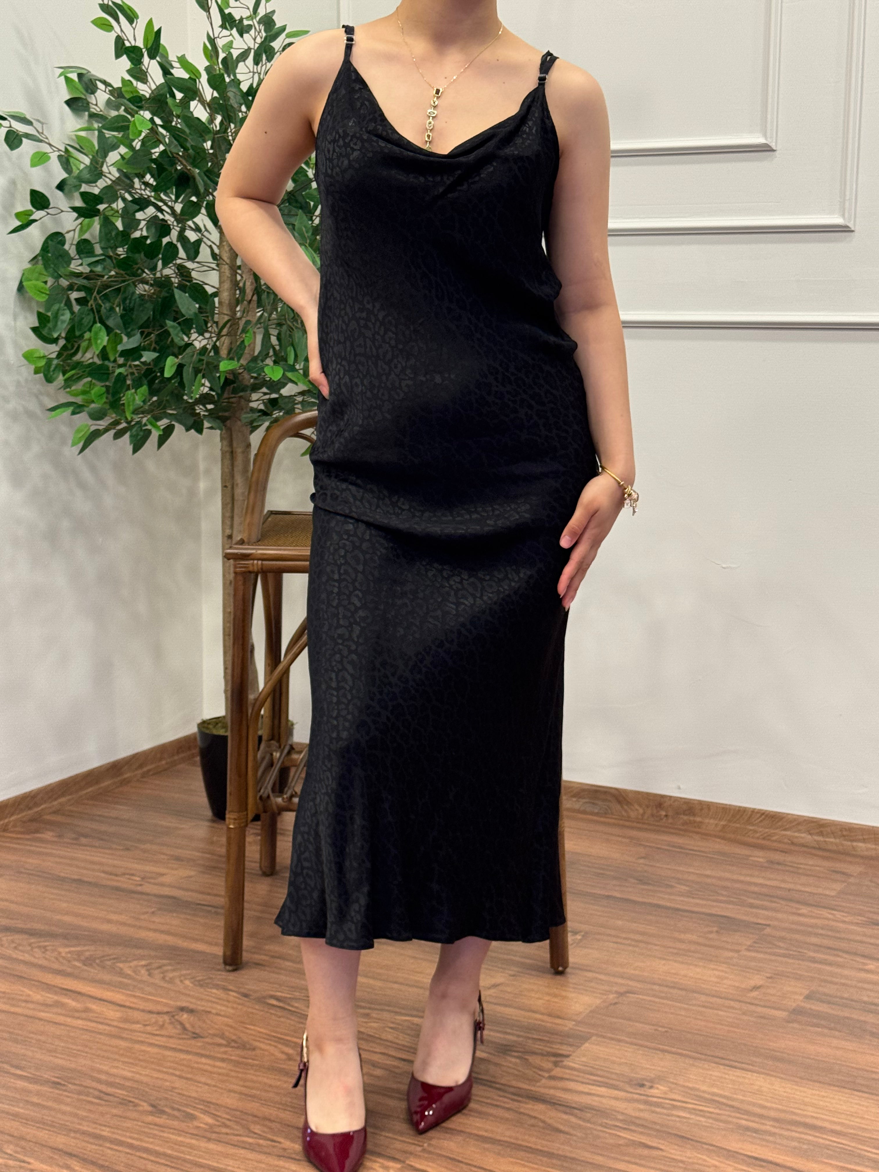 Saten Leopar Desen Siyah Elbise