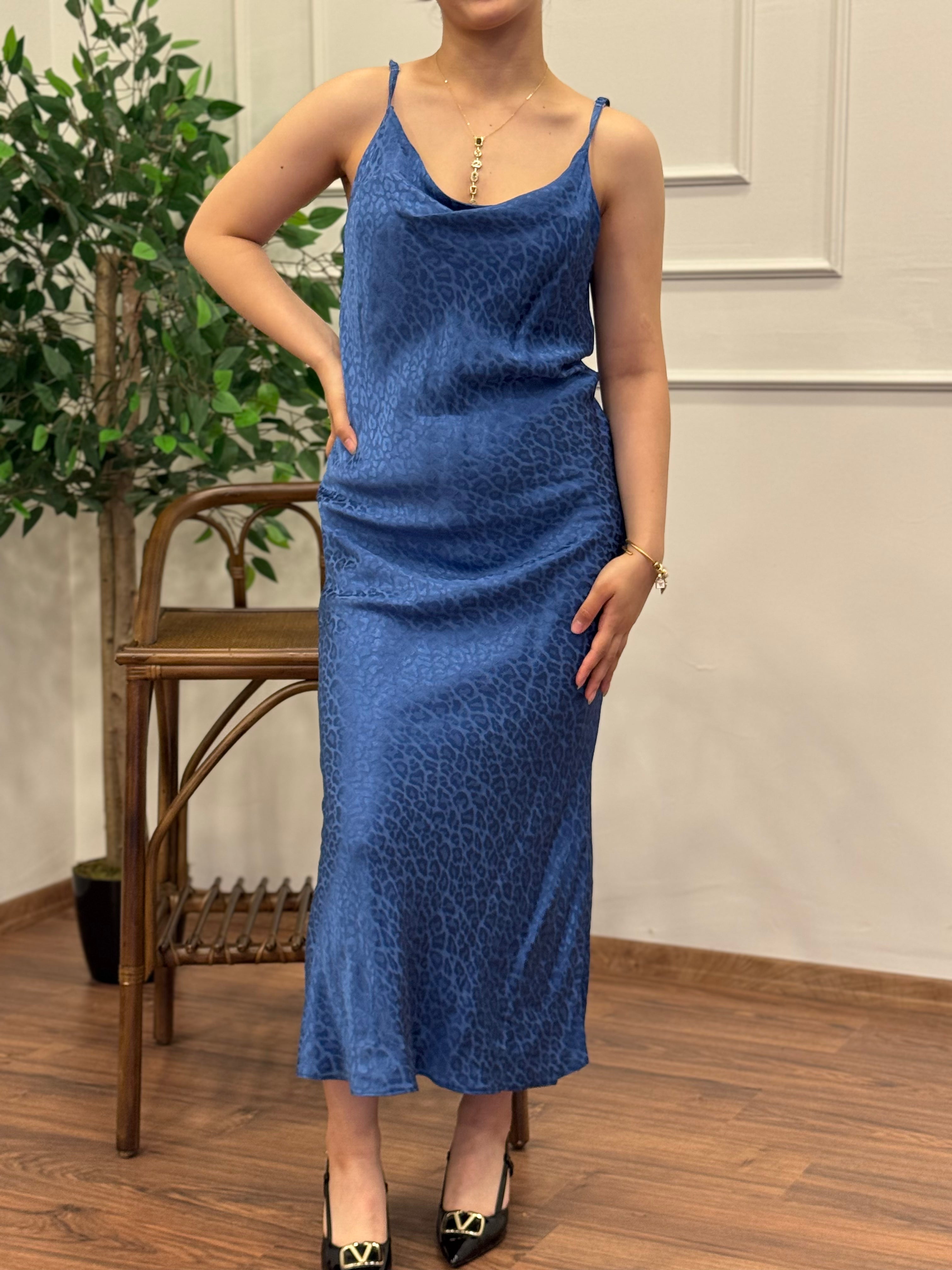 Saten Leopar Desen Lacivert Elbise