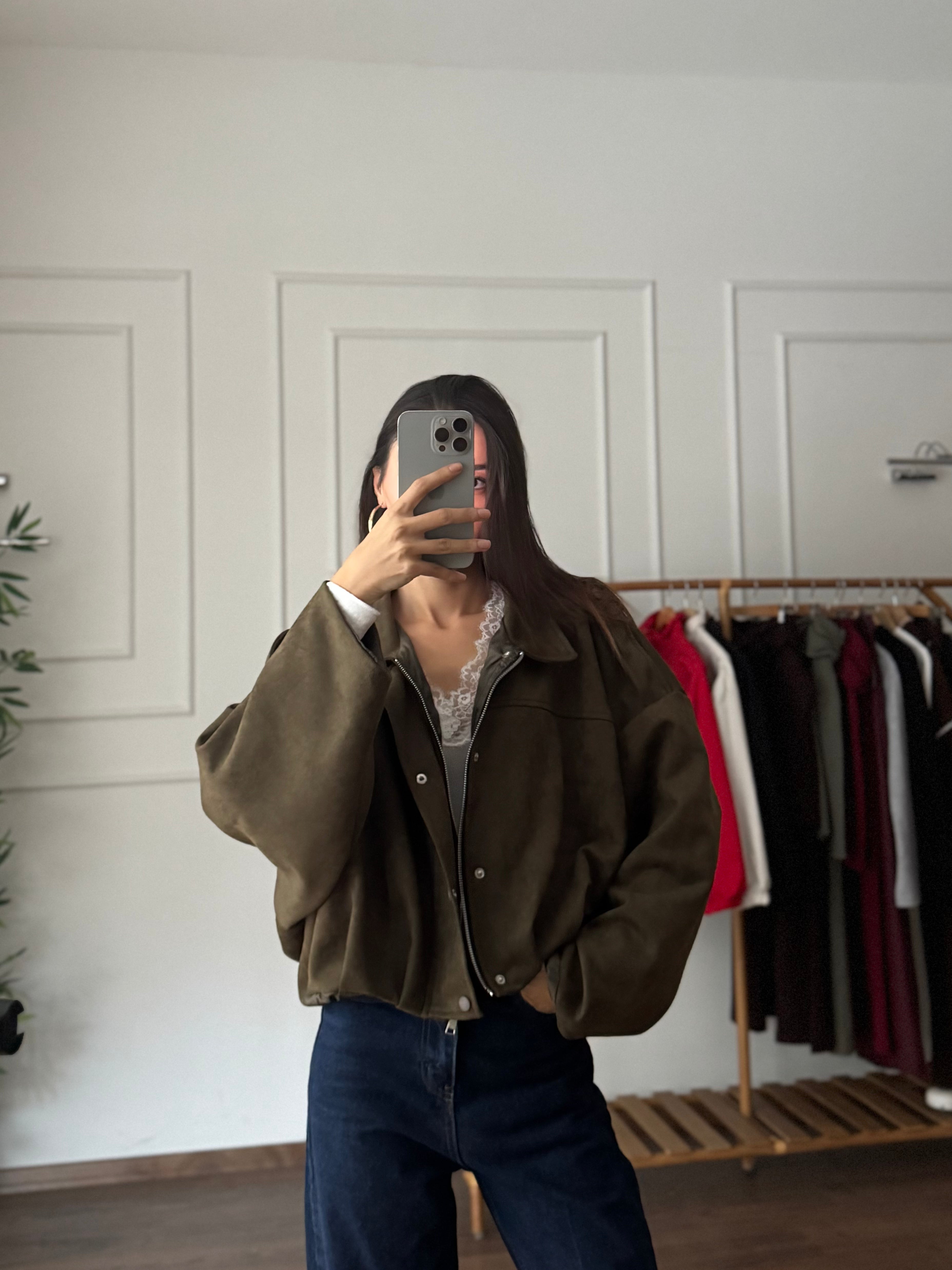 ZR Elya Süet Apoletli Bomber Haki Ceket