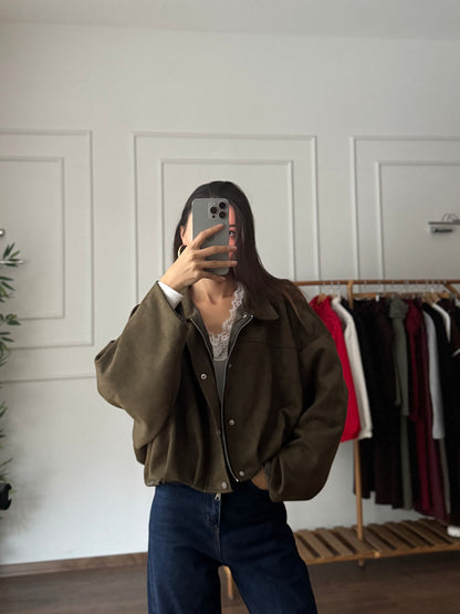 ZR Elya Süet Apoletli Bomber Haki Ceket