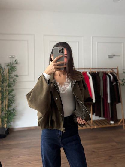 ZR Elya Süet Apoletli Bomber Haki Ceket