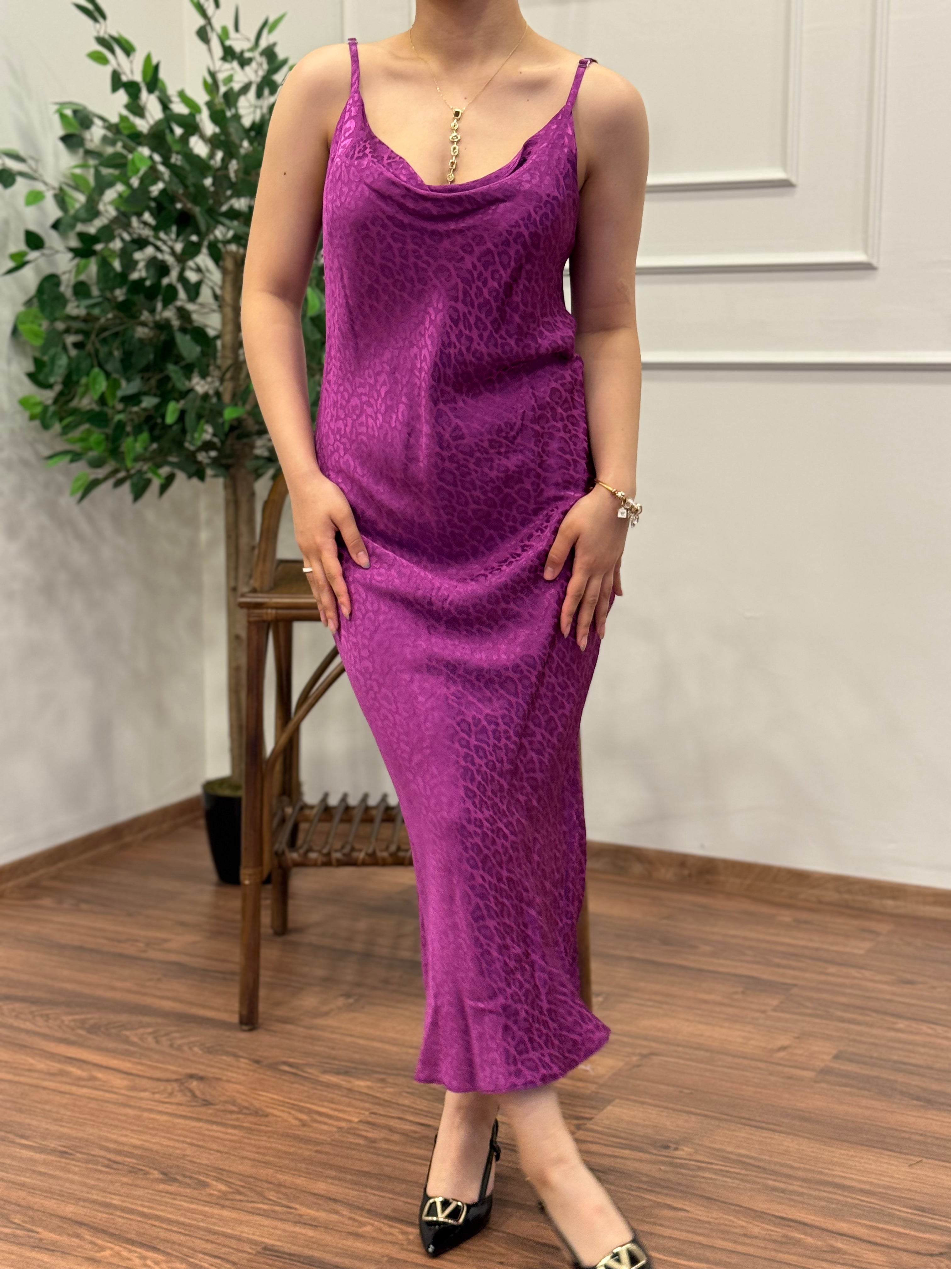 Saten Leopar Desen Mor Elbise