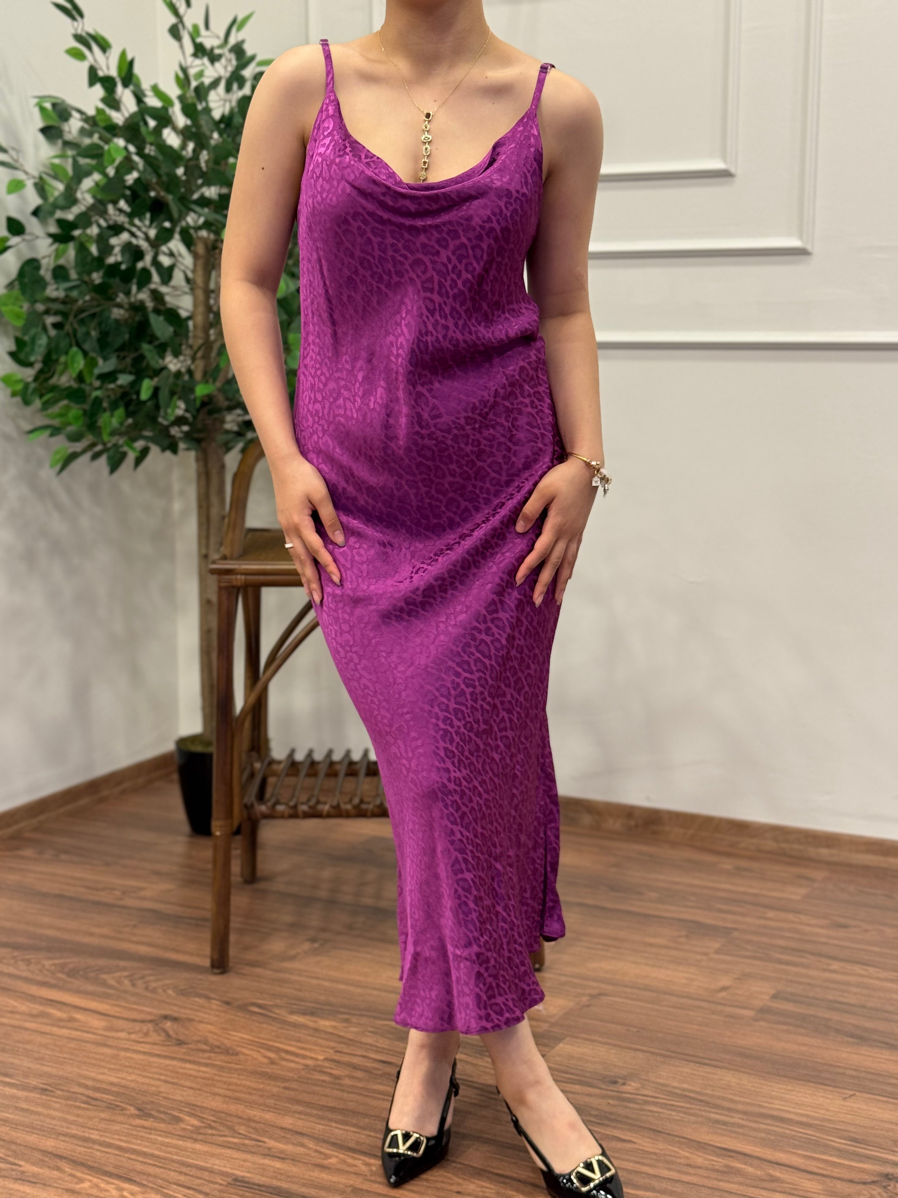 Saten Leopar Desen Mor Elbise