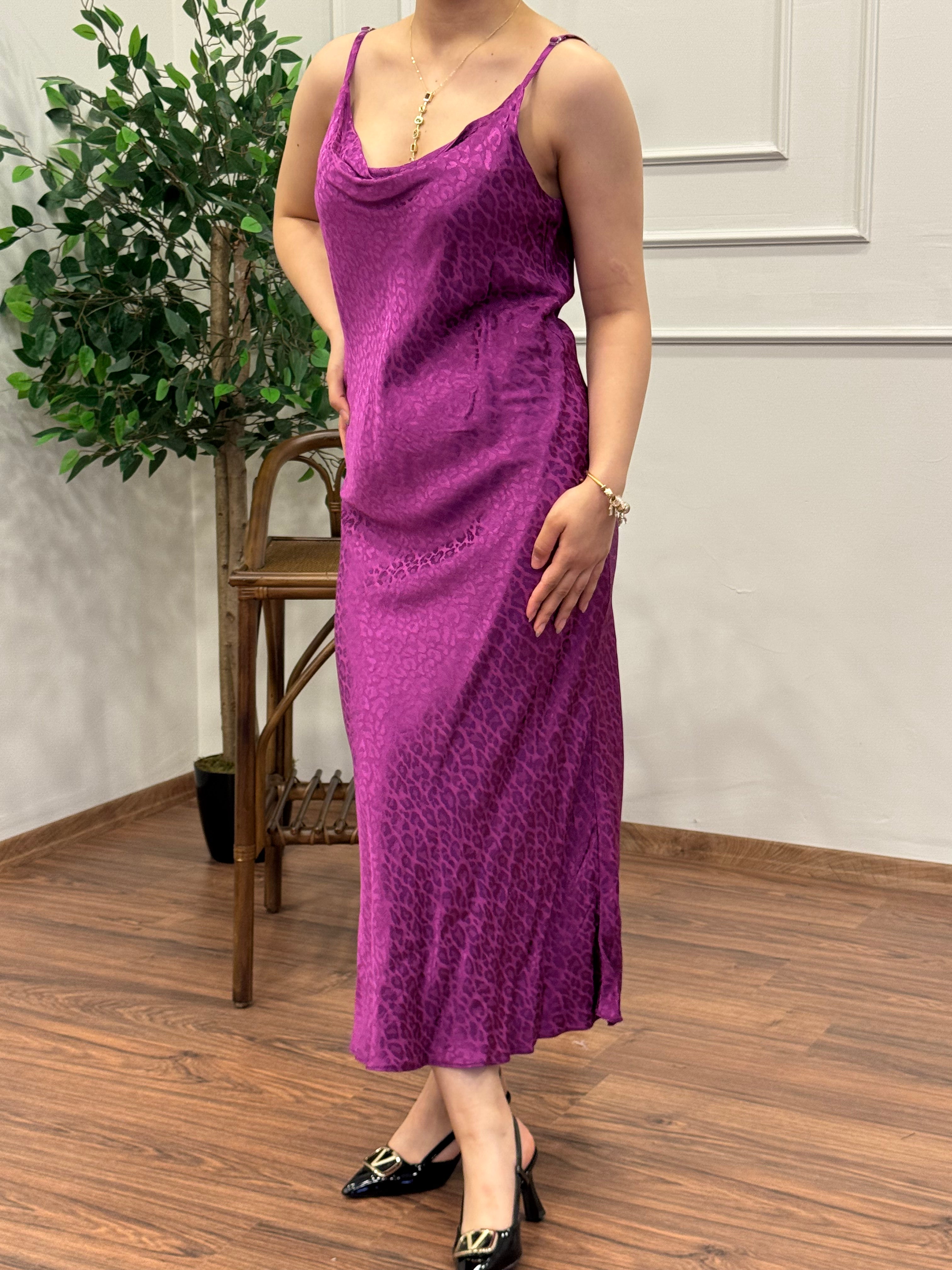 Saten Leopar Desen Mor Elbise