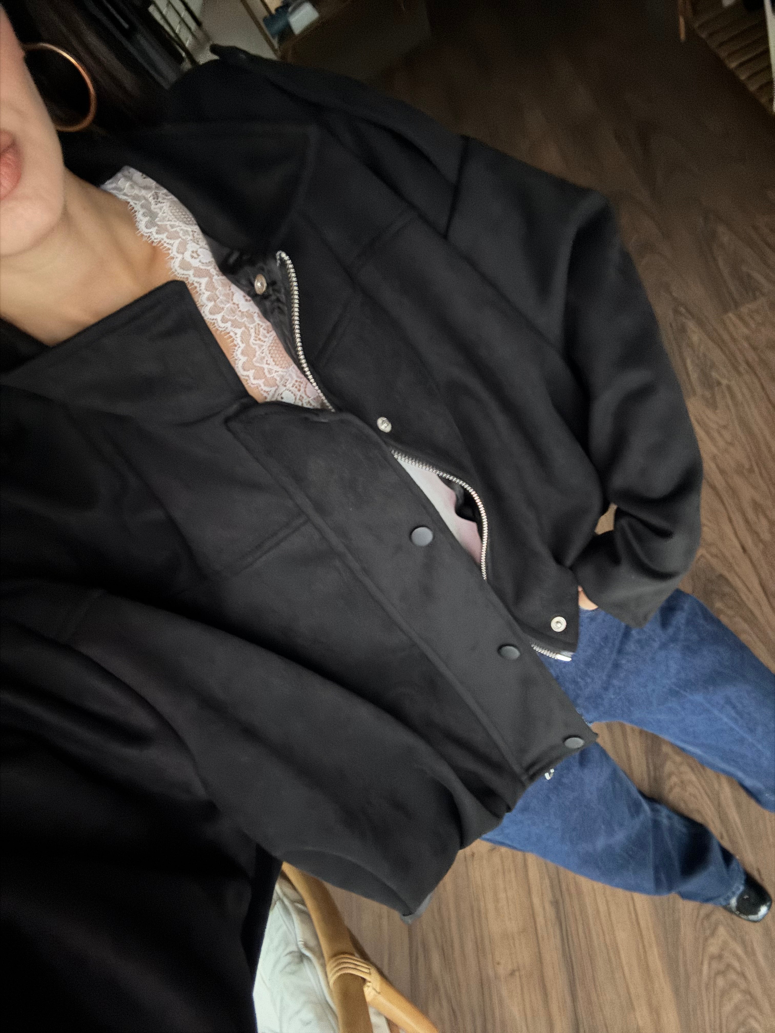 ZR Elya Süet Apoletli Bomber Siyah Ceket