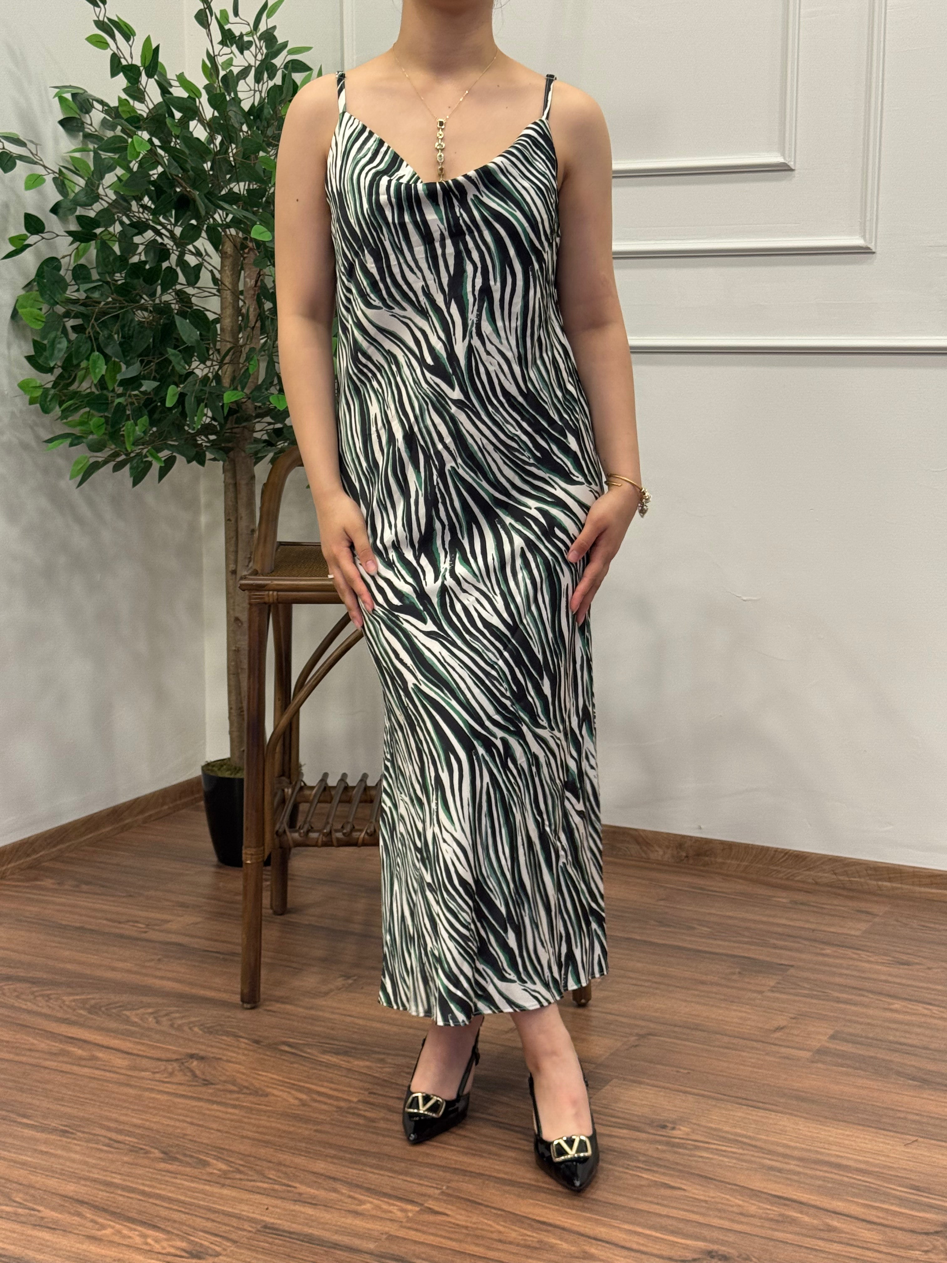 Zebra Desen Saten Yeşil Elbise