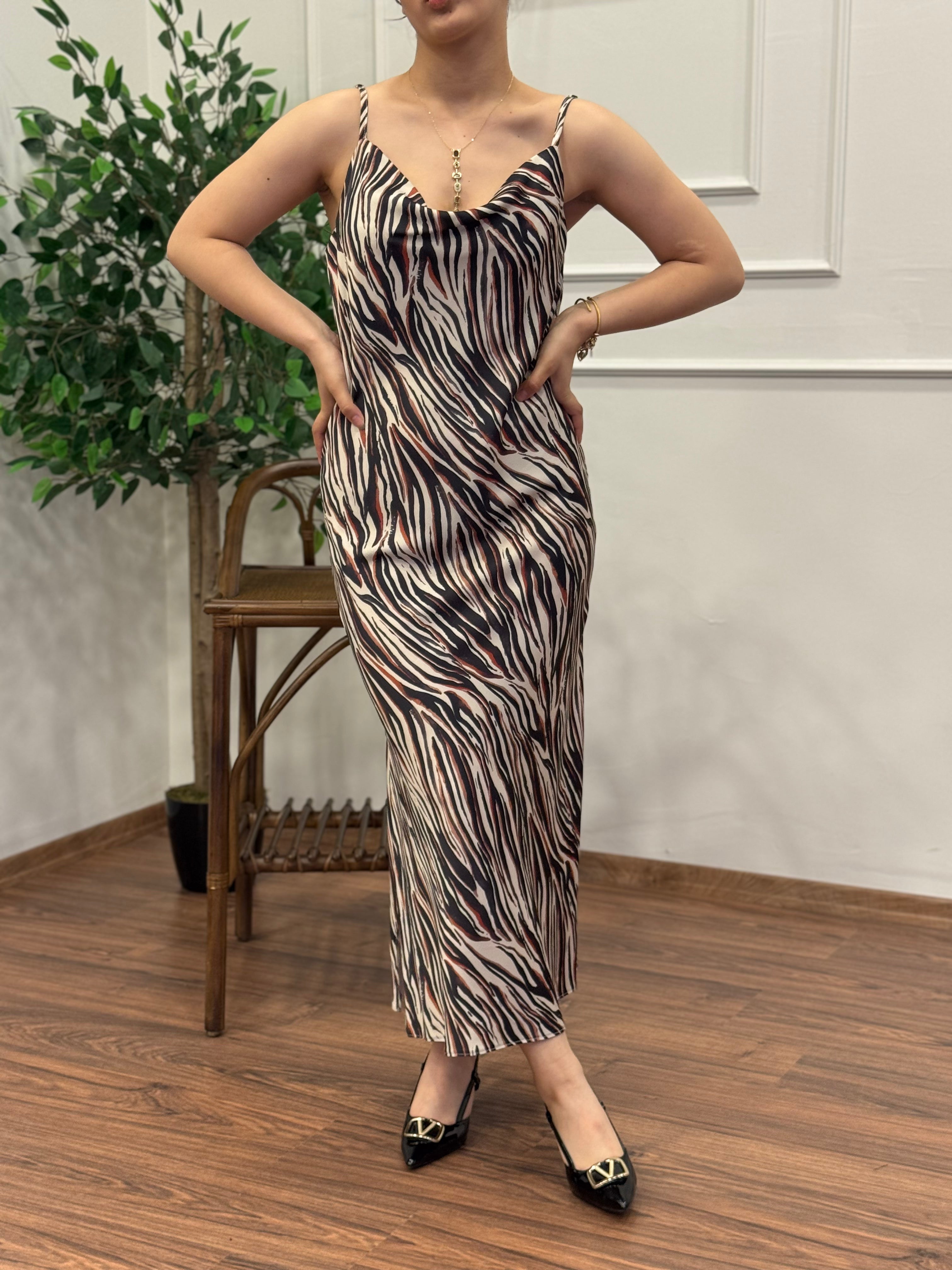 Zebra Desen Saten Kahve Elbise