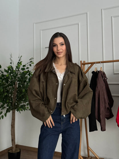 ZR Elya Süet Apoletli Bomber Haki Ceket