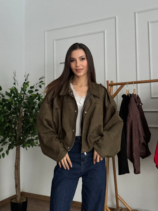 ZR Elya Süet Apoletli Bomber Haki Ceket
