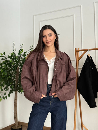 ZR Elya Süet Apoletli Bomber Kahve Ceket