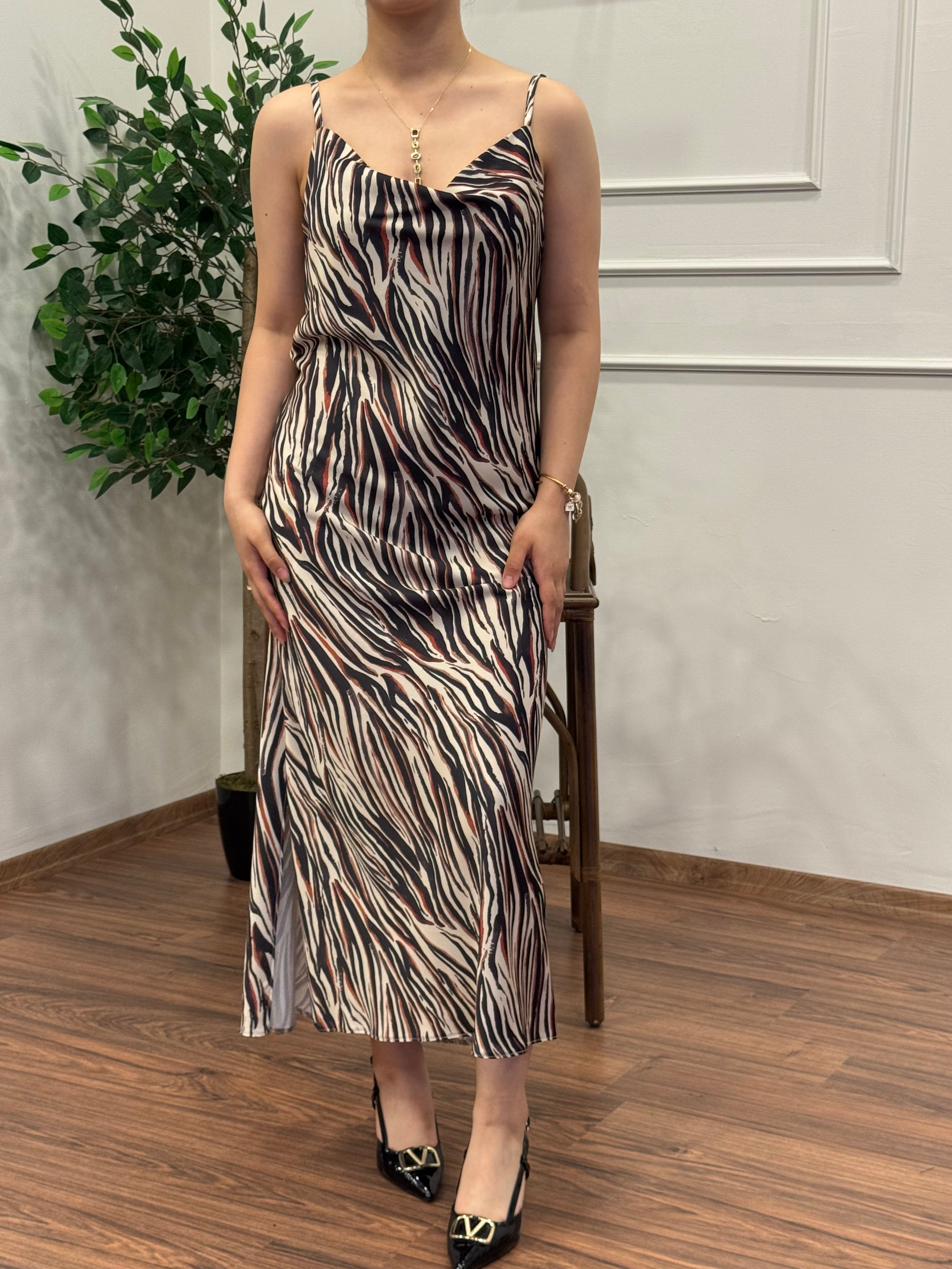 Zebra Desen Saten Kahve Elbise