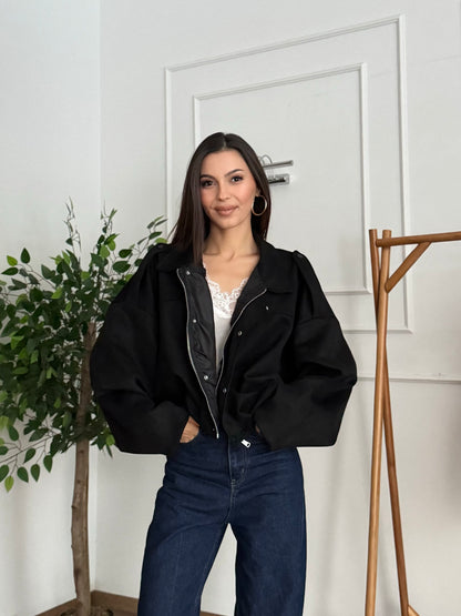 ZR Elya Süet Apoletli Bomber Siyah Ceket