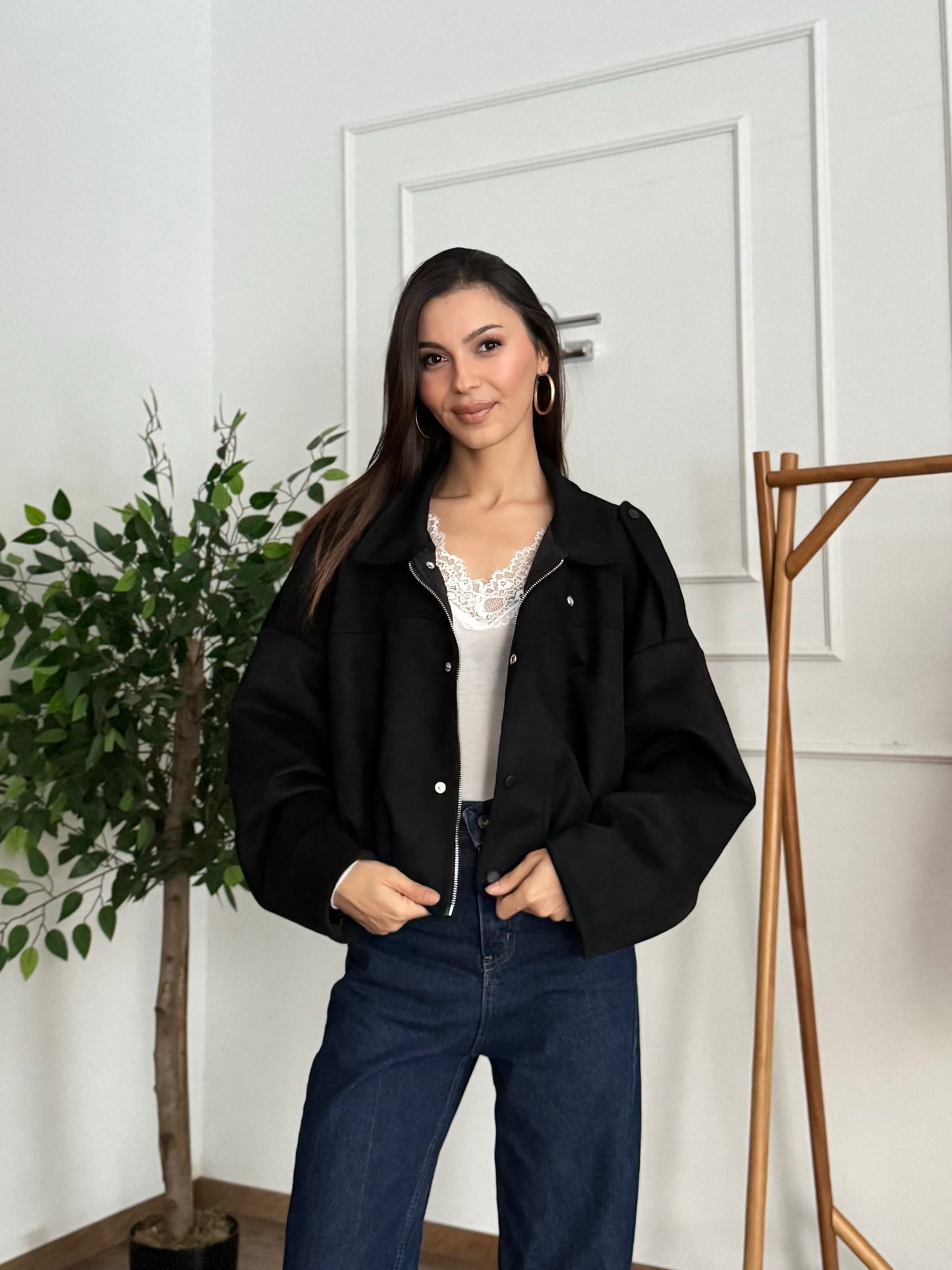ZR Elya Süet Apoletli Bomber Siyah Ceket