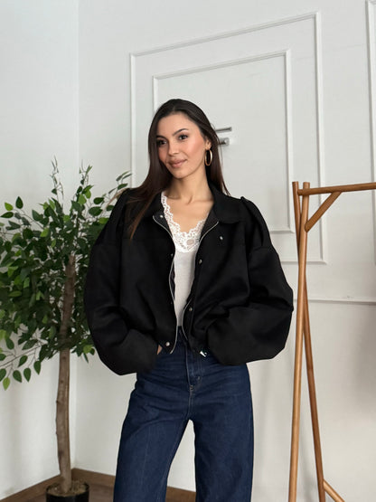 ZR Elya Süet Apoletli Bomber Siyah Ceket