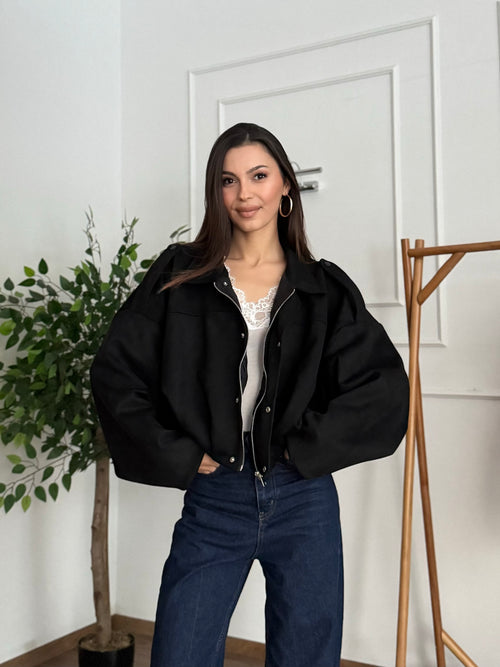 ZR Elya Süet Apoletli Bomber Siyah Ceket