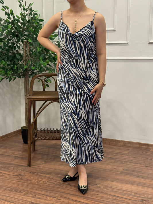 Zebra Desen Saten Lacivert Elbise