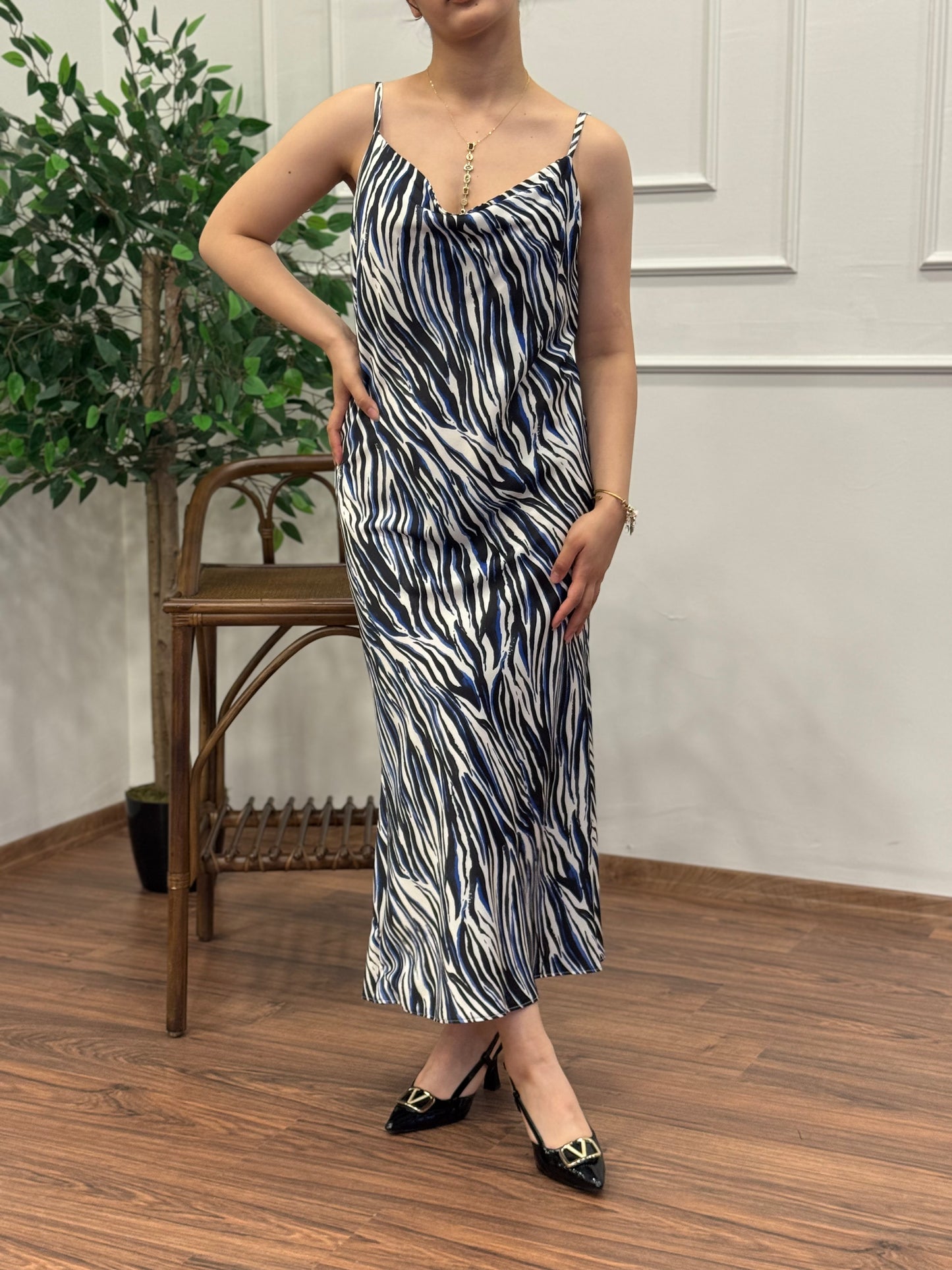 Zebra Desen Saten Lacivert Elbise
