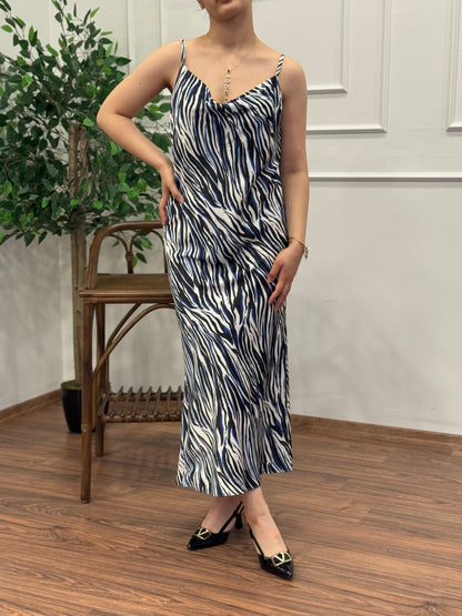 Zebra Desen Saten Lacivert Elbise