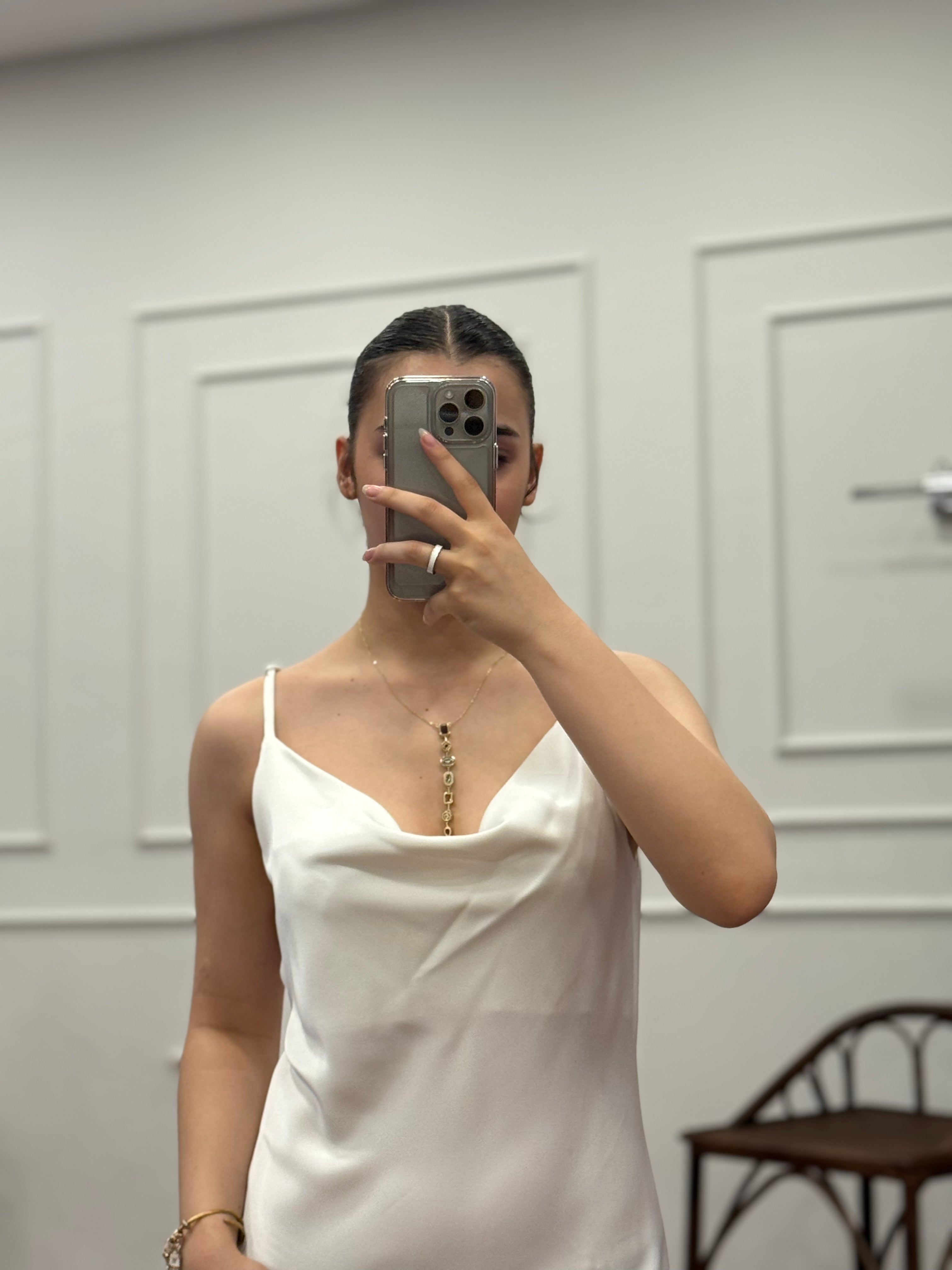 Saten İp Askılı Beyaz Elbise