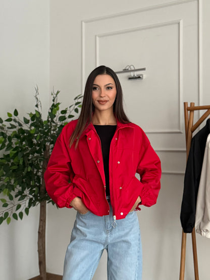 Rena Astarlı Kırmızı Dik Yaka Ceket/Yağmurluk