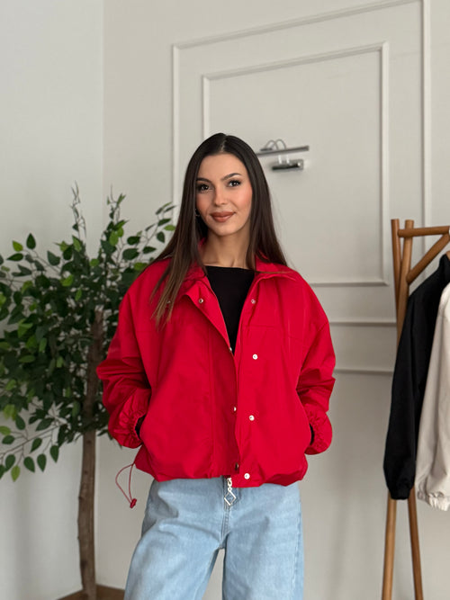 Rena Astarlı Kırmızı Dik Yaka Ceket/Yağmurluk