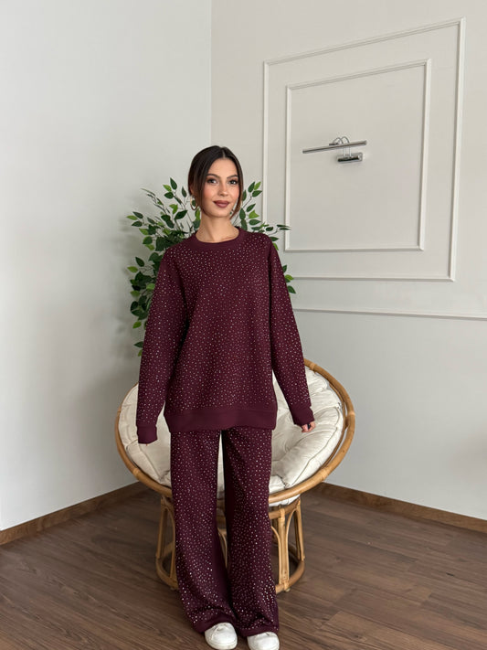 Serpme Taş Baskı Modal Kumaş Bordo Takım