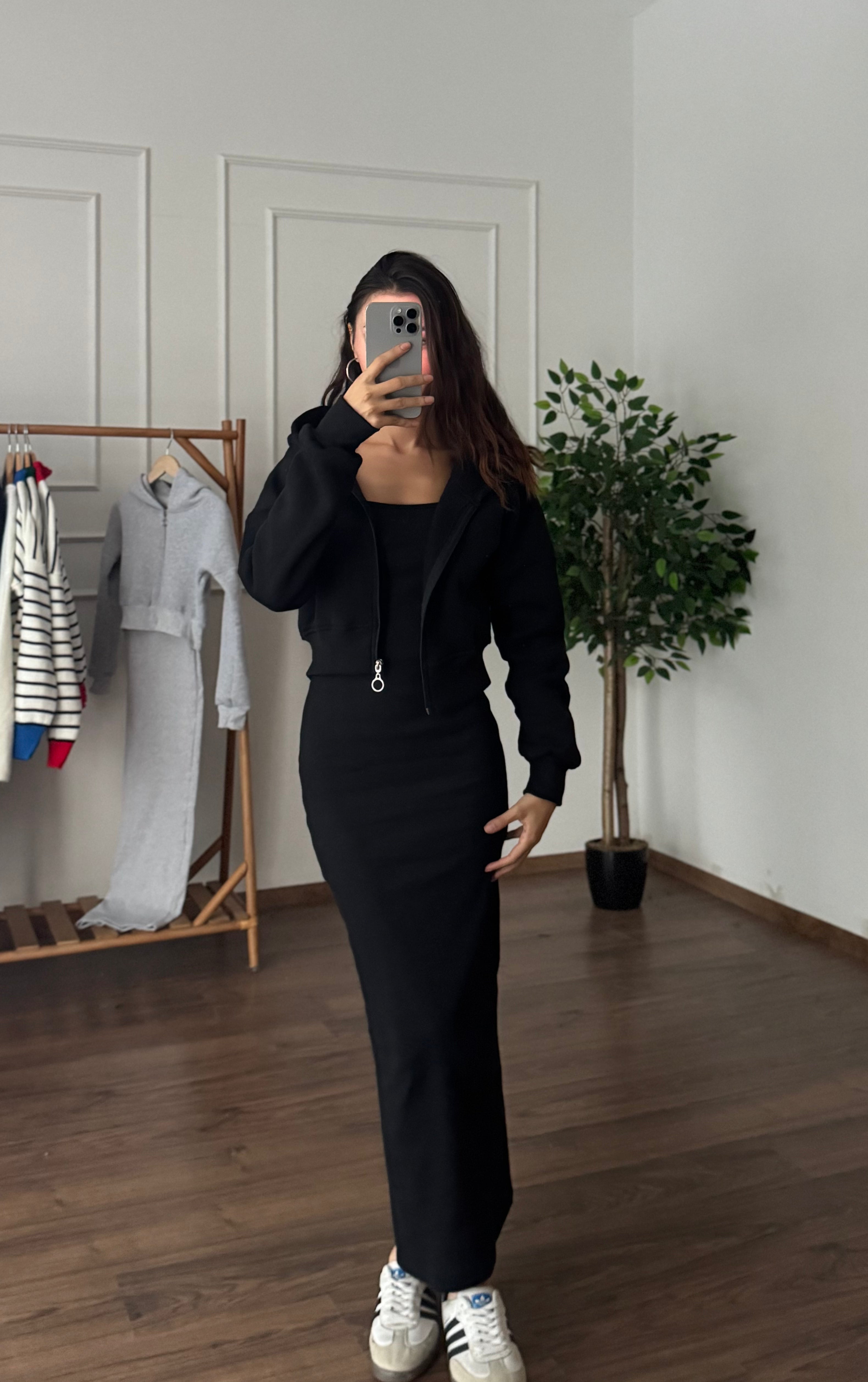 Lena Hoodie Elbise Siyah Takım