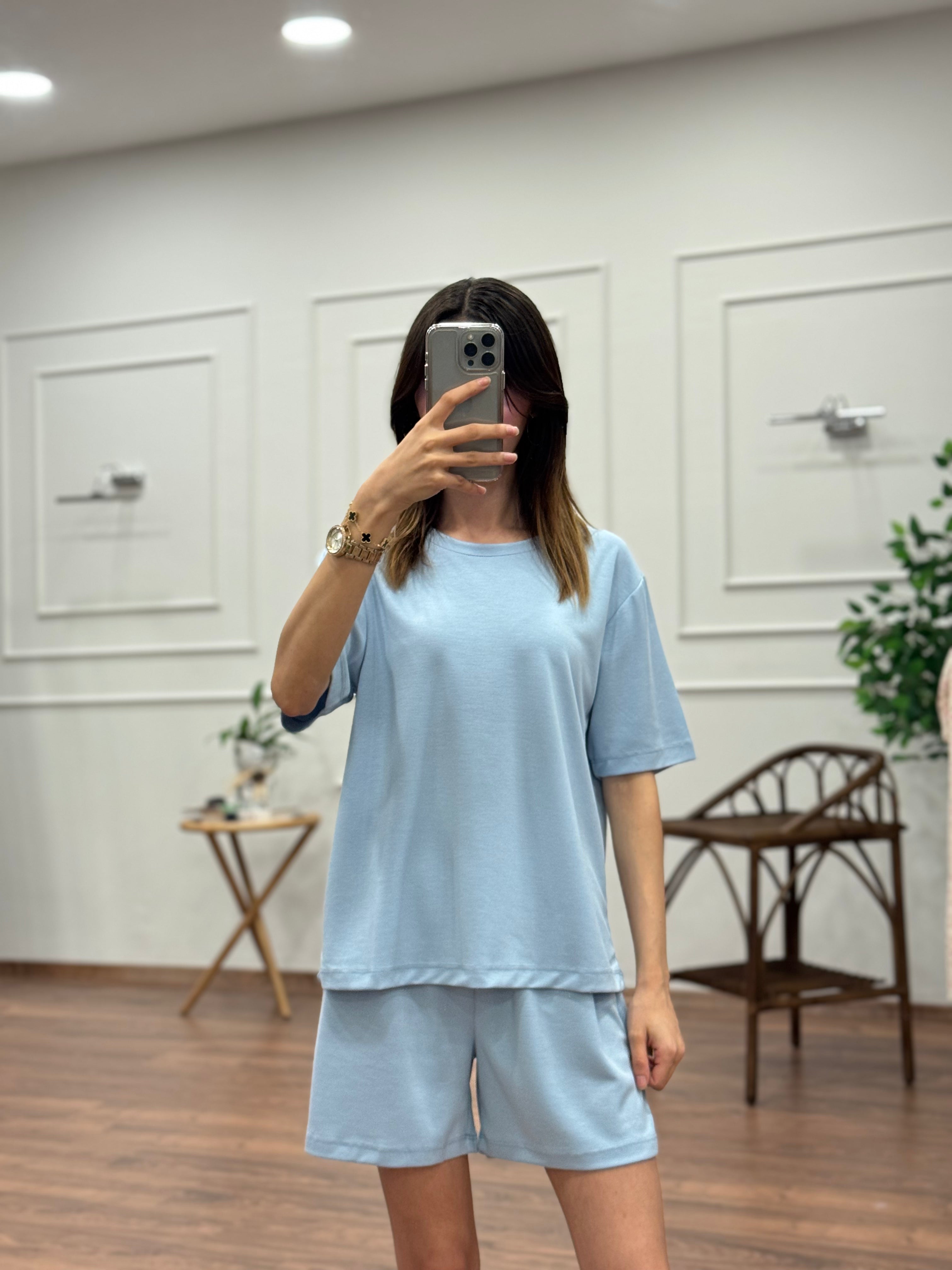 Modal Kumaş Oversize Bluz Şortlu Takım Bebe Mavi