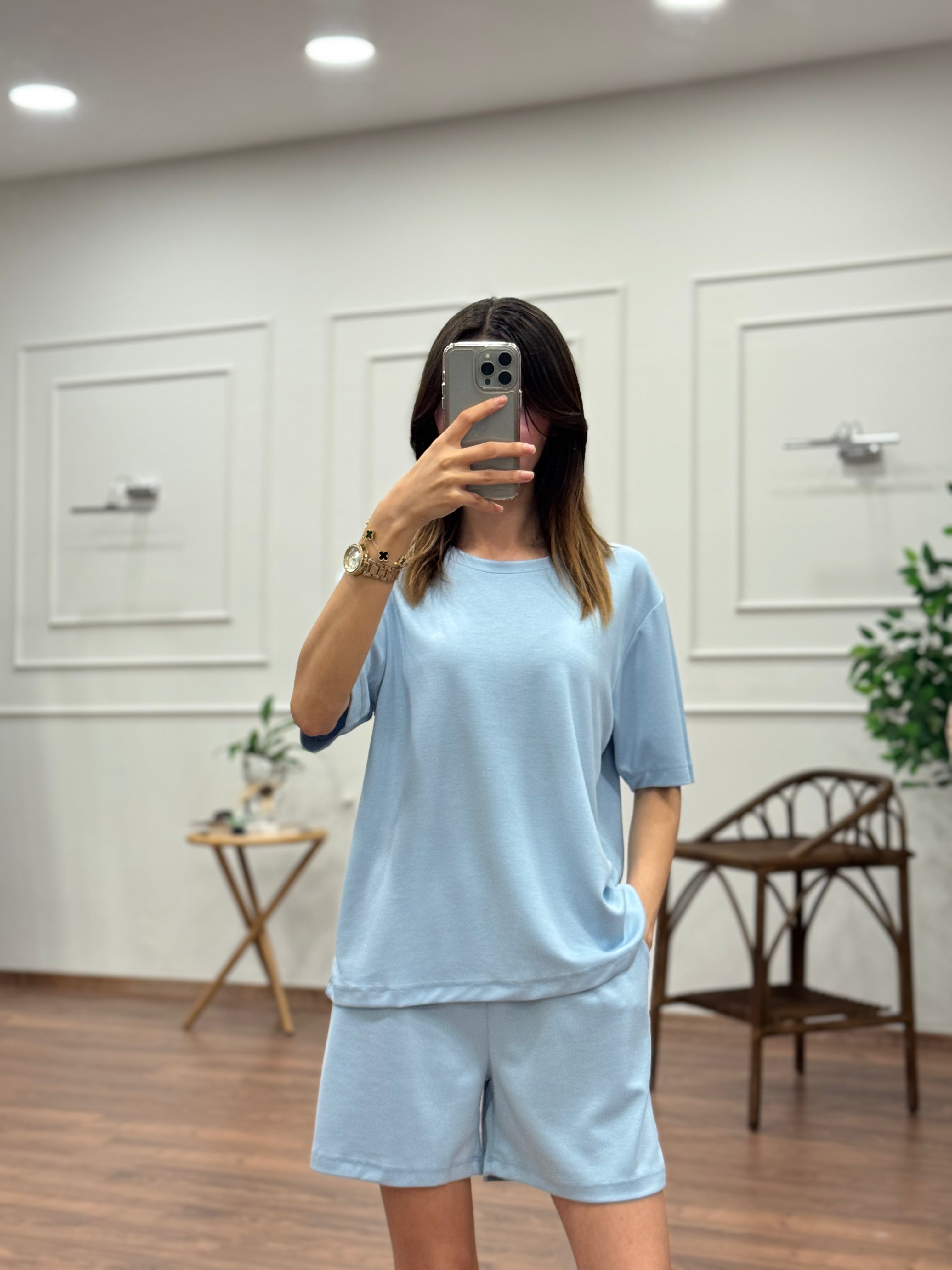 Modal Kumaş Oversize Bluz Şortlu Takım Bebe Mavi