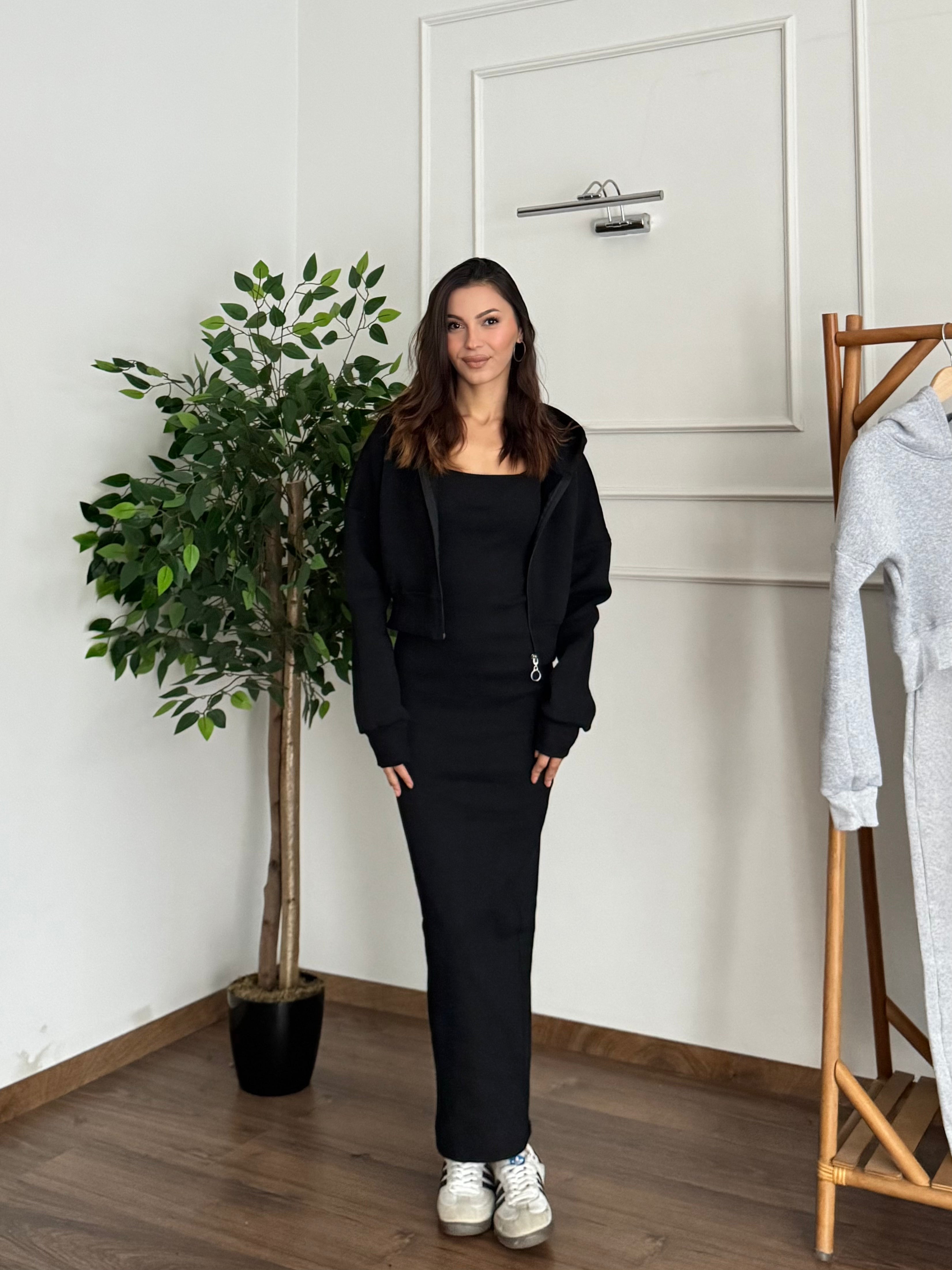 Lena Hoodie Elbise Siyah Takım